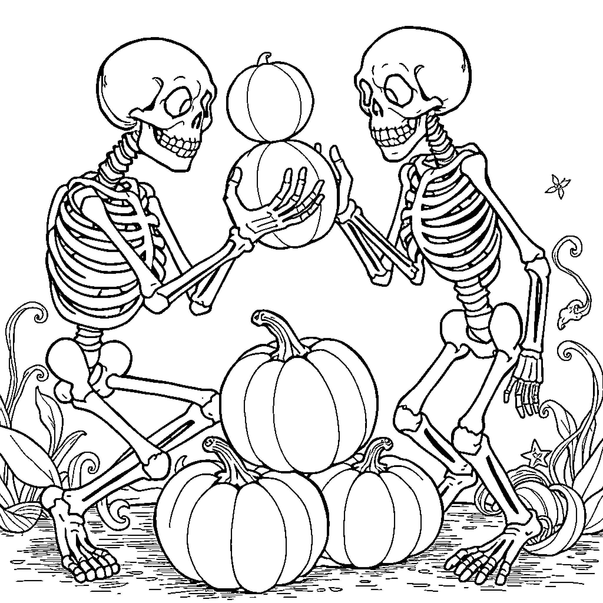 Skeleton Figures Playing with Pumpkins Coloring Page (free black-and-white line drawing printable PDF for all, from beginners to advanced learners, including children, teens, adults, and seniors)