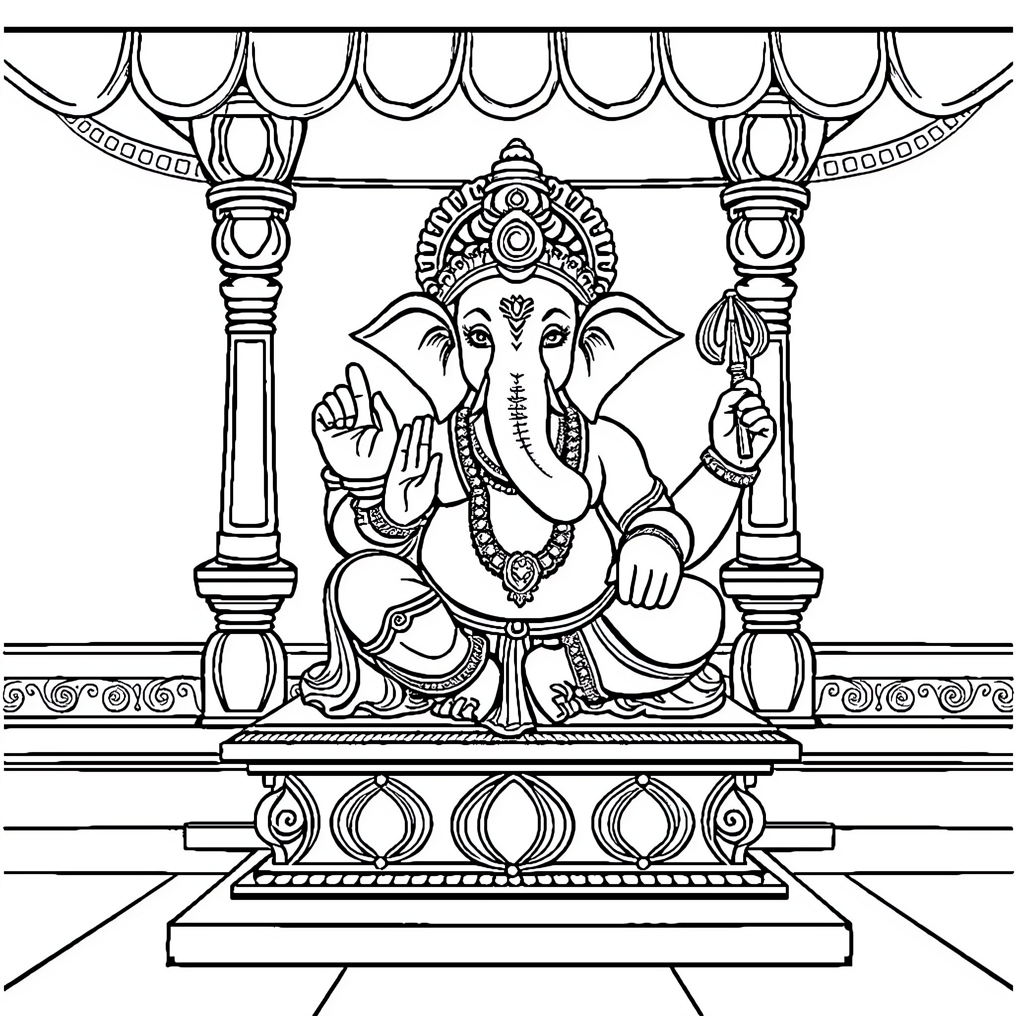 Ganesha seated in ornate temple with ritual objects Coloring Page (free black-and-white line drawing printable PDF for all, from beginners to advanced learners, including children, teens, adults, and seniors)