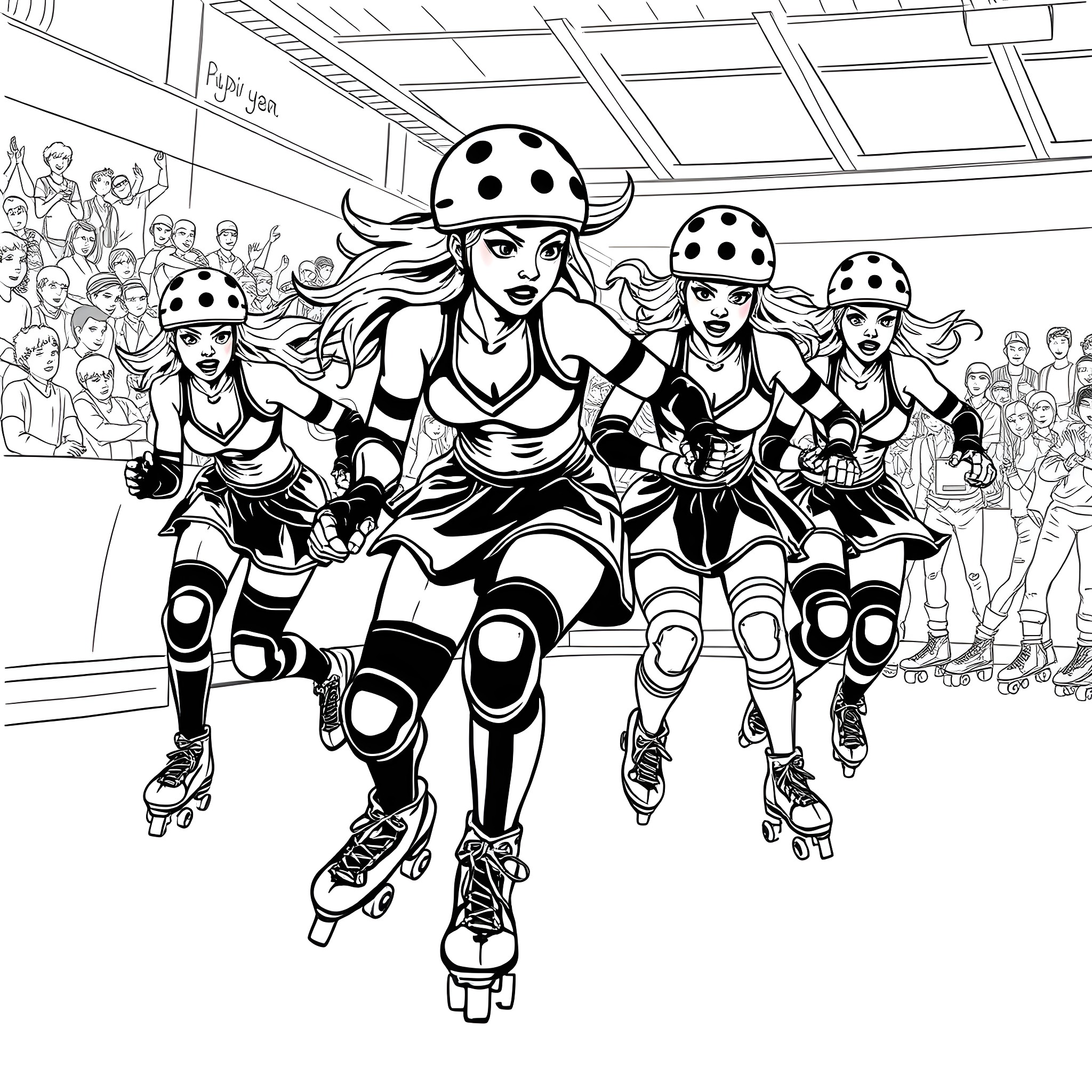 Roller Derby Girls Racing on the Track Coloring Page (free black-and-white line drawing printable PDF for all, from beginners to advanced learners, including children, teens, adults, and seniors)