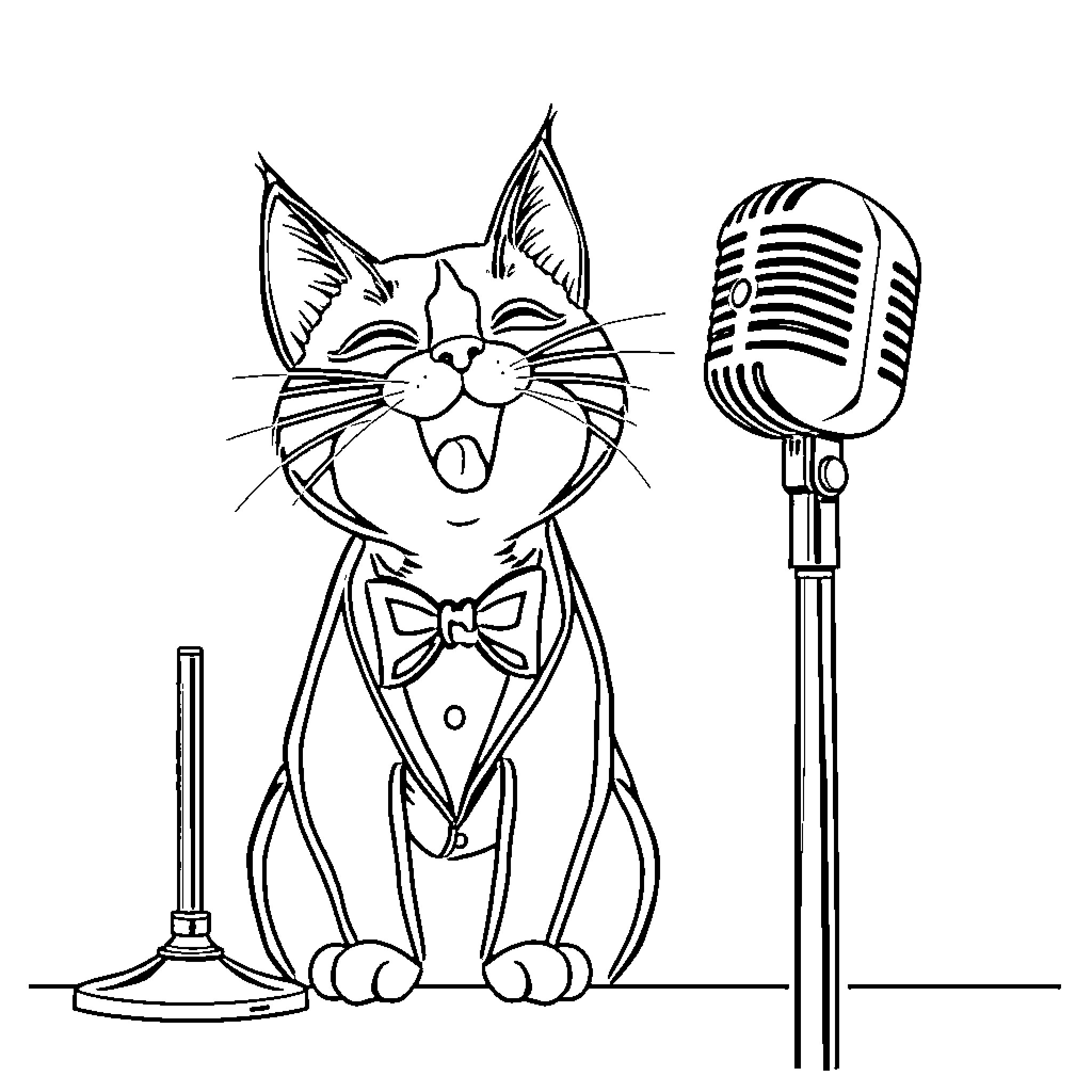 Tuxedo Cat performing on stage with microphone Coloring Page (free black-and-white line drawing printable PDF for all, from beginners to advanced learners, including children, teens, adults, and seniors)