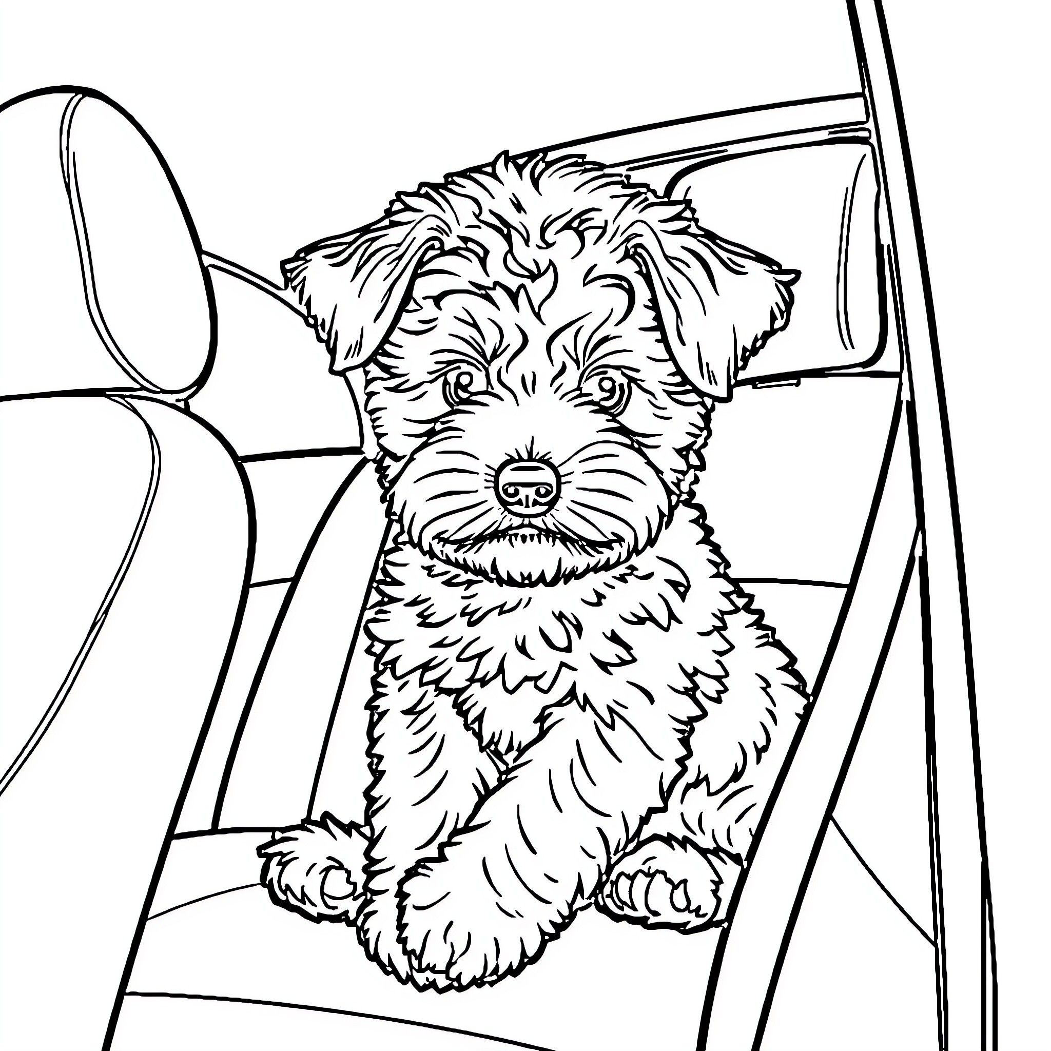 Cavoodle enjoying the ride in the car Coloring Page (free black-and-white line drawing printable PDF for all, from beginners to advanced learners, including children, teens, adults, and seniors)