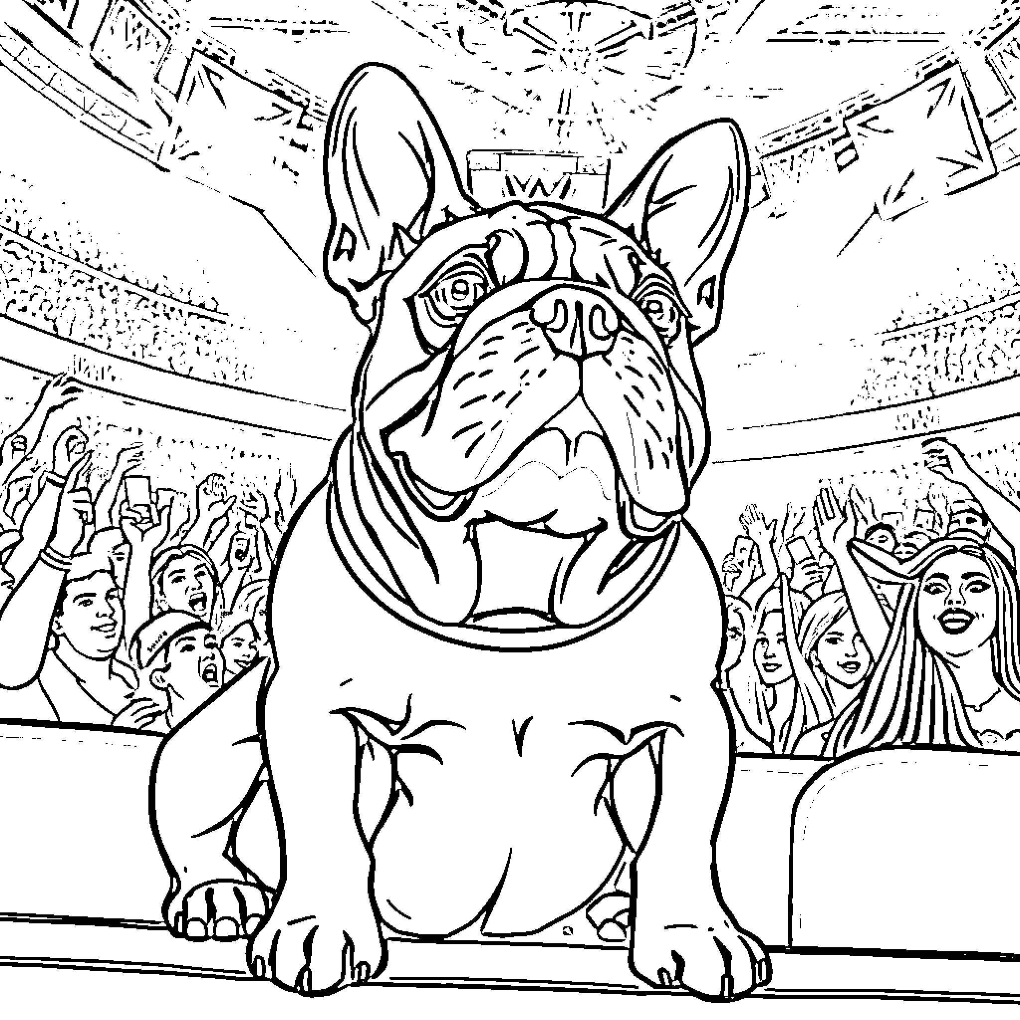 Bulldog Performing on Stage with Cheering Crowd Coloring Page (free black-and-white line drawing printable PDF for all, from beginners to advanced learners, including children, teens, adults, and seniors)