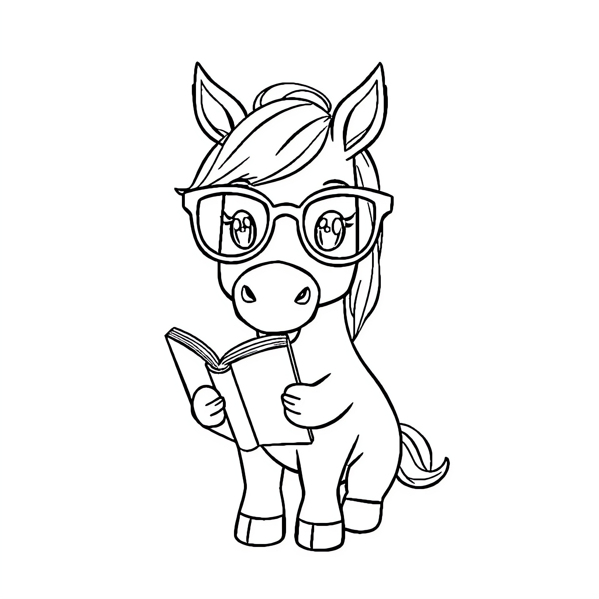 Horse reading a book with glasses Coloring Page (free black-and-white line drawing printable PDF for all, from beginners to advanced learners, including children, teens, adults, and seniors)