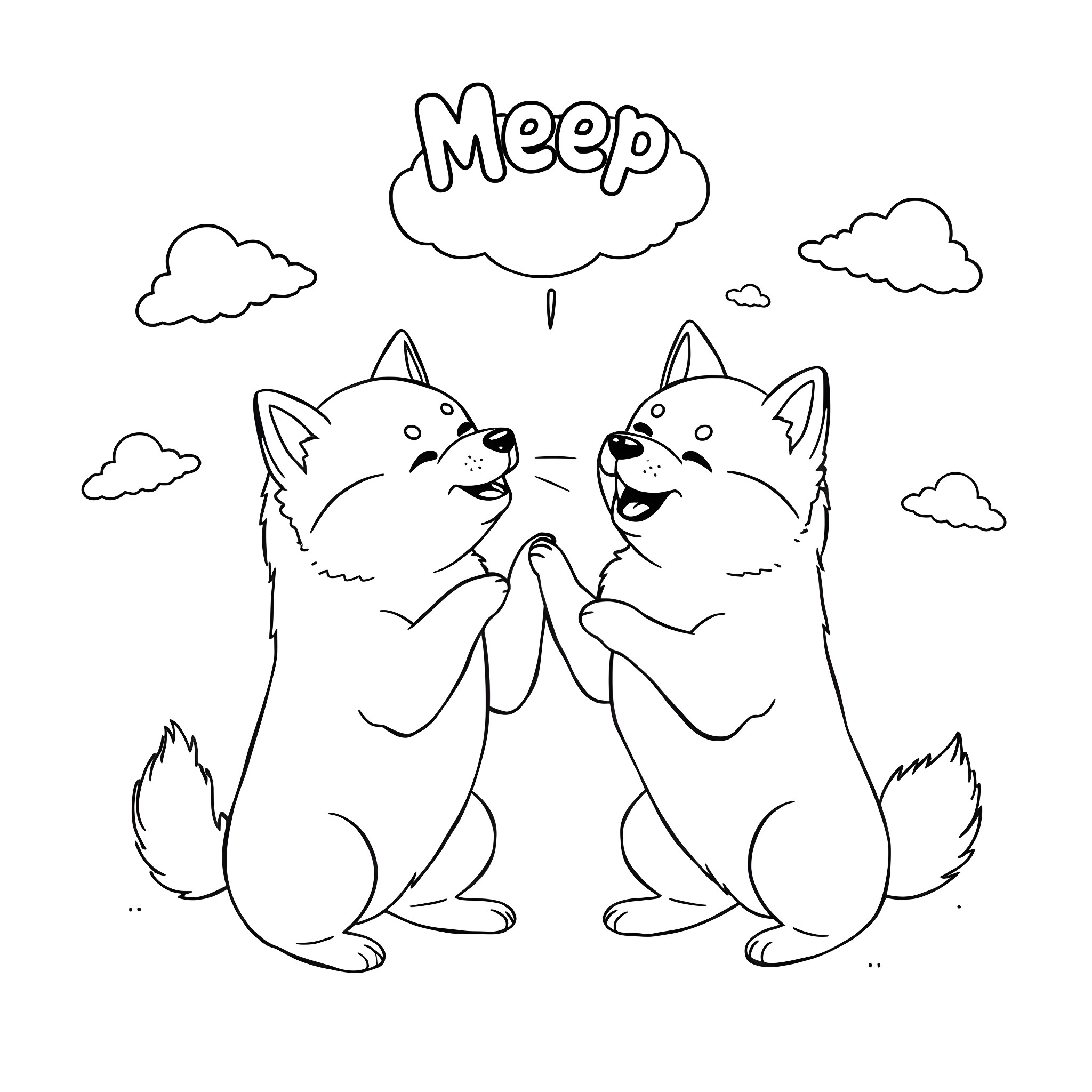 Shiba Inu dogs enjoying a playful moment Coloring Page (free black-and-white line drawing printable PDF for all, from beginners to advanced learners, including children, teens, adults, and seniors)