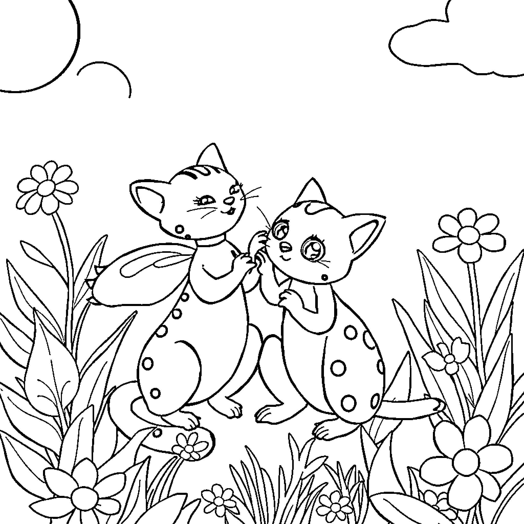 Ladybug kittens enjoying nature together Coloring Page (free black-and-white line drawing printable PDF for all, from beginners to advanced learners, including children, teens, adults, and seniors)