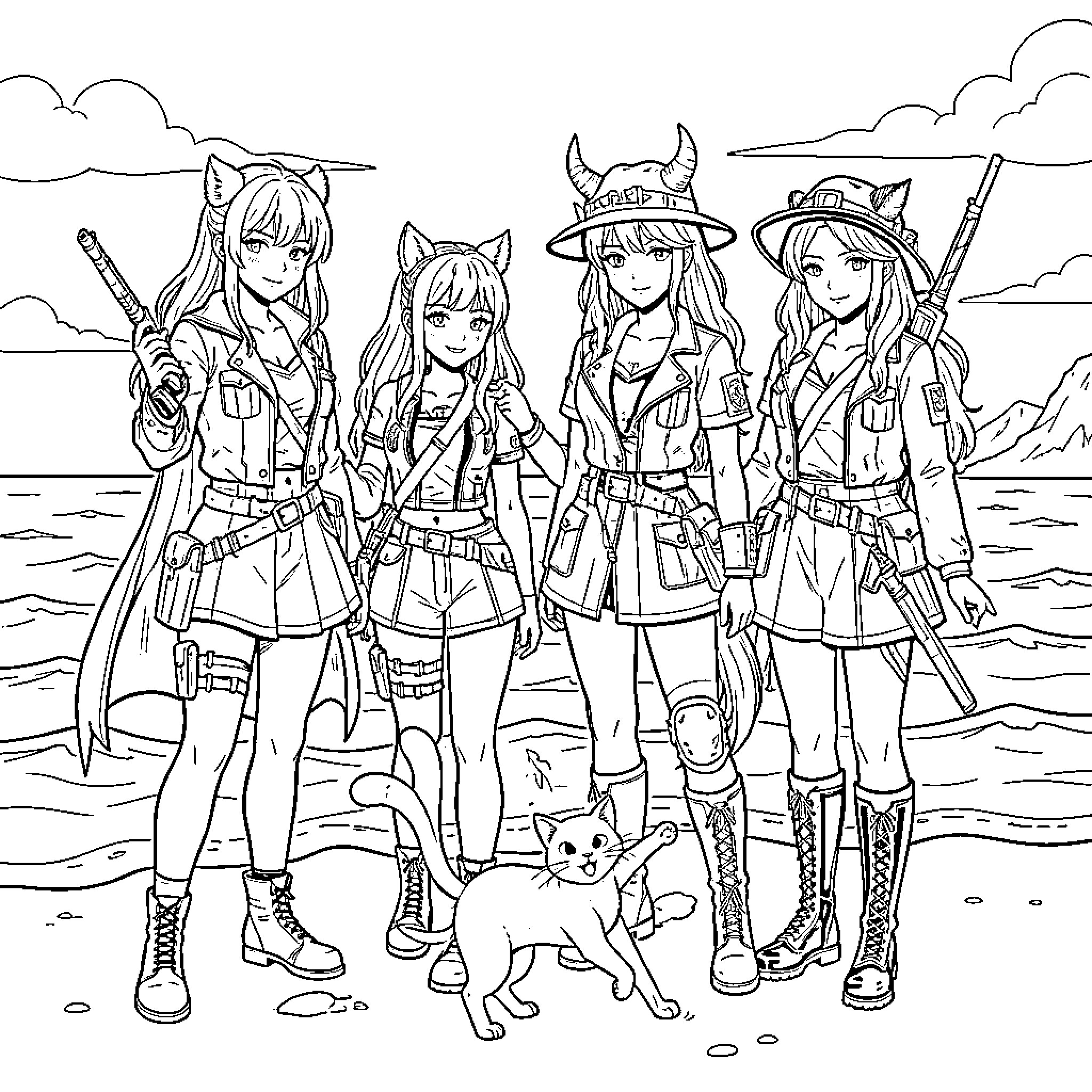 K Pop idols posing in adventure outfits by the beach Coloring Page (free black-and-white line drawing printable PDF for all, from beginners to advanced learners, including children, teens, adults, and seniors)