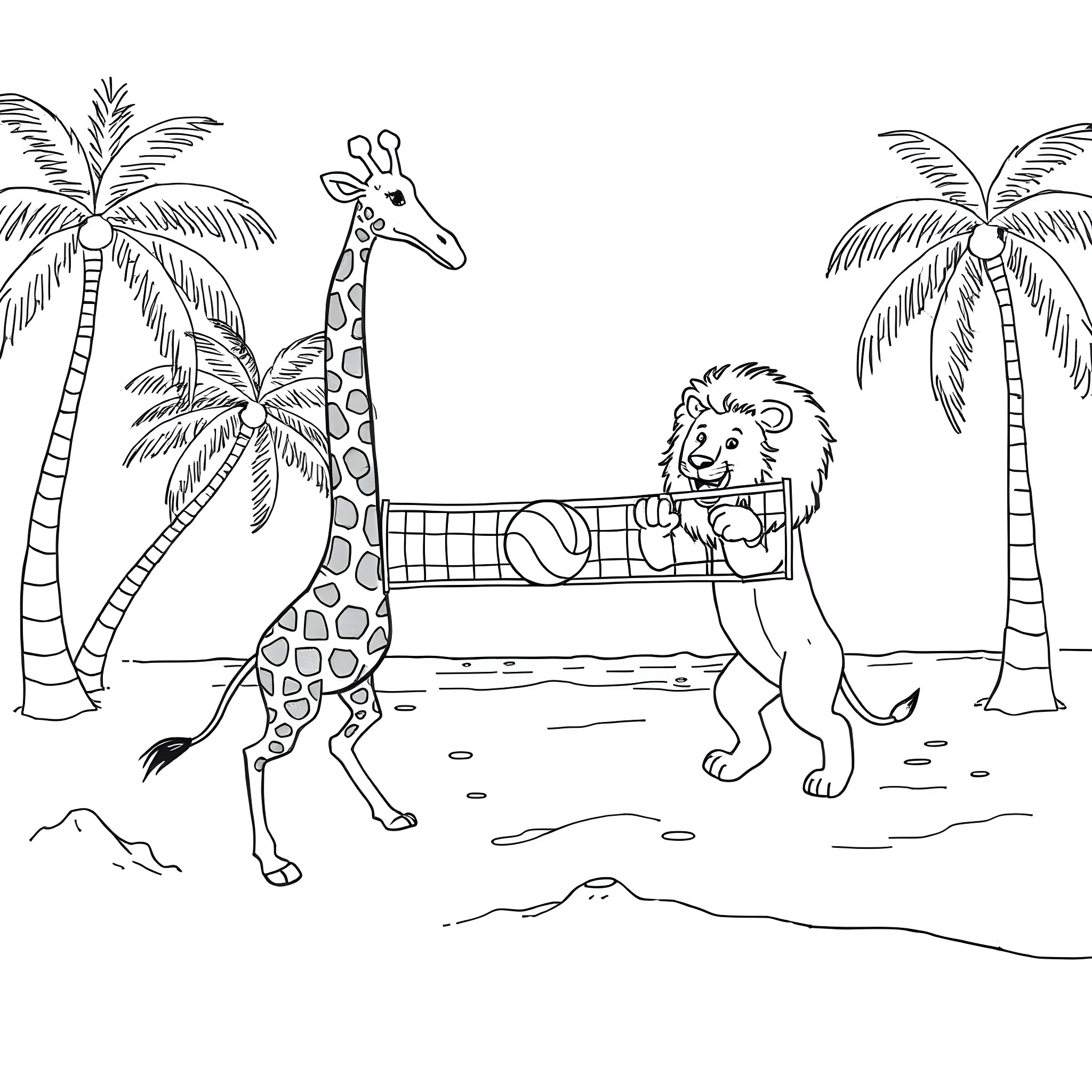 Giraffe and Lion Playing Volleyball on Beach Coloring Page (free black-and-white line drawing printable PDF for all, from beginners to advanced learners, including children, teens, adults, and seniors)