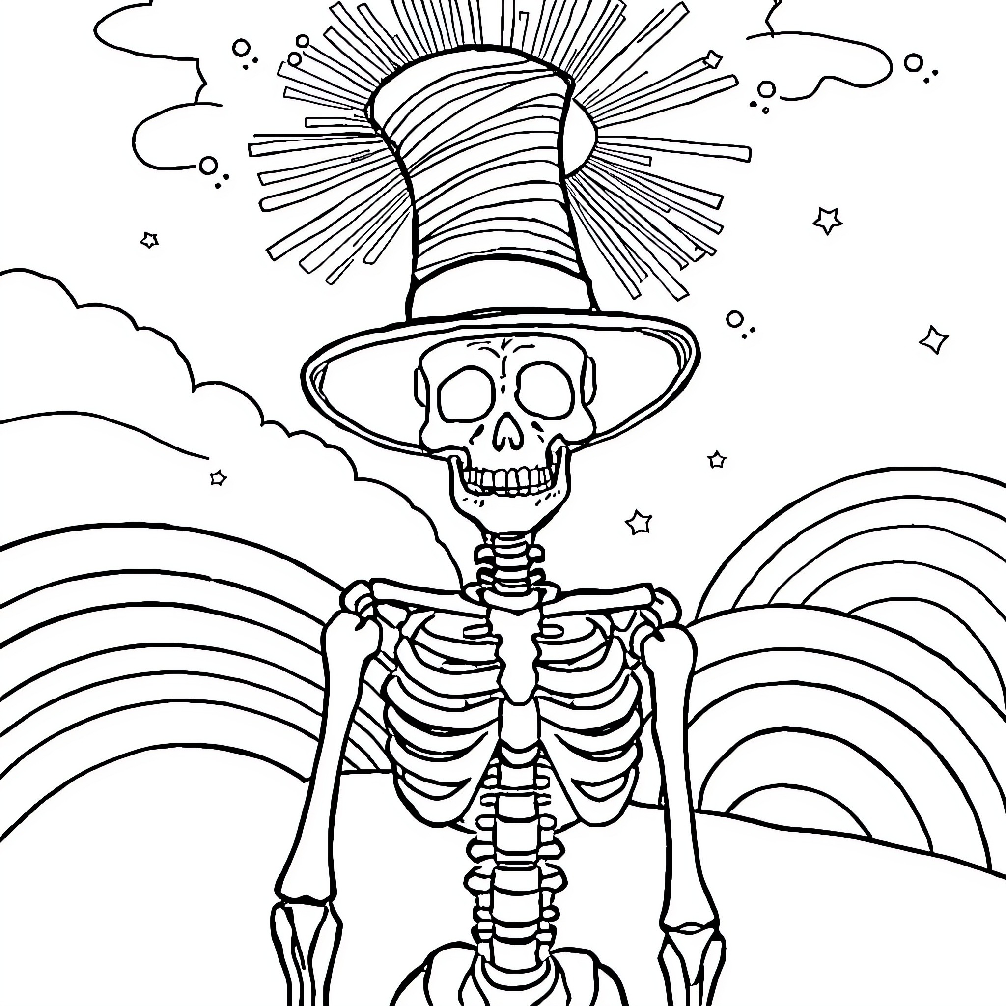 Skeleton in festive hat against vibrant background Coloring Page (free black-and-white line drawing printable PDF for all, from beginners to advanced learners, including children, teens, adults, and seniors)