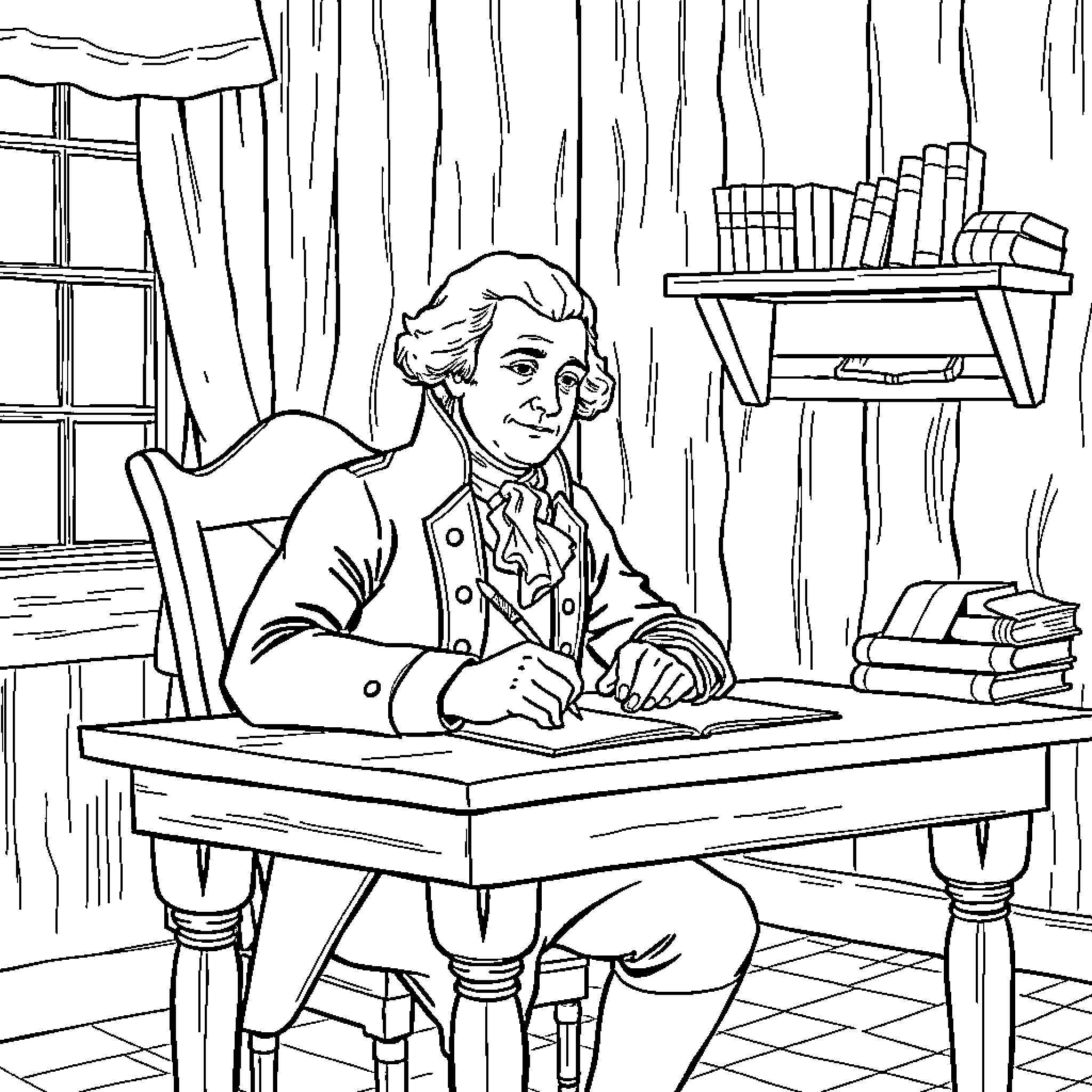 George Washington at His Desk, Working Diligently Coloring Page (free black-and-white line drawing printable PDF for all, from beginners to advanced learners, including children, teens, adults, and seniors)