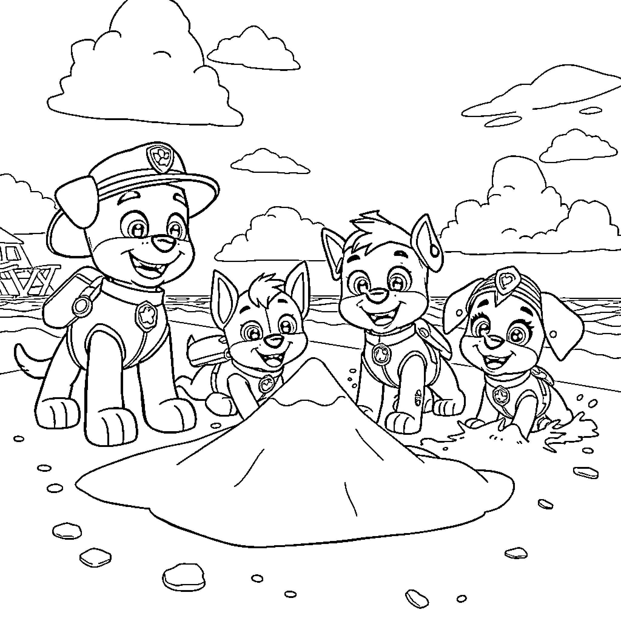 Paw Patrol characters exploring the outdoors Coloring Page (free black-and-white line drawing printable PDF for all, from beginners to advanced learners, including children, teens, adults, and seniors)
