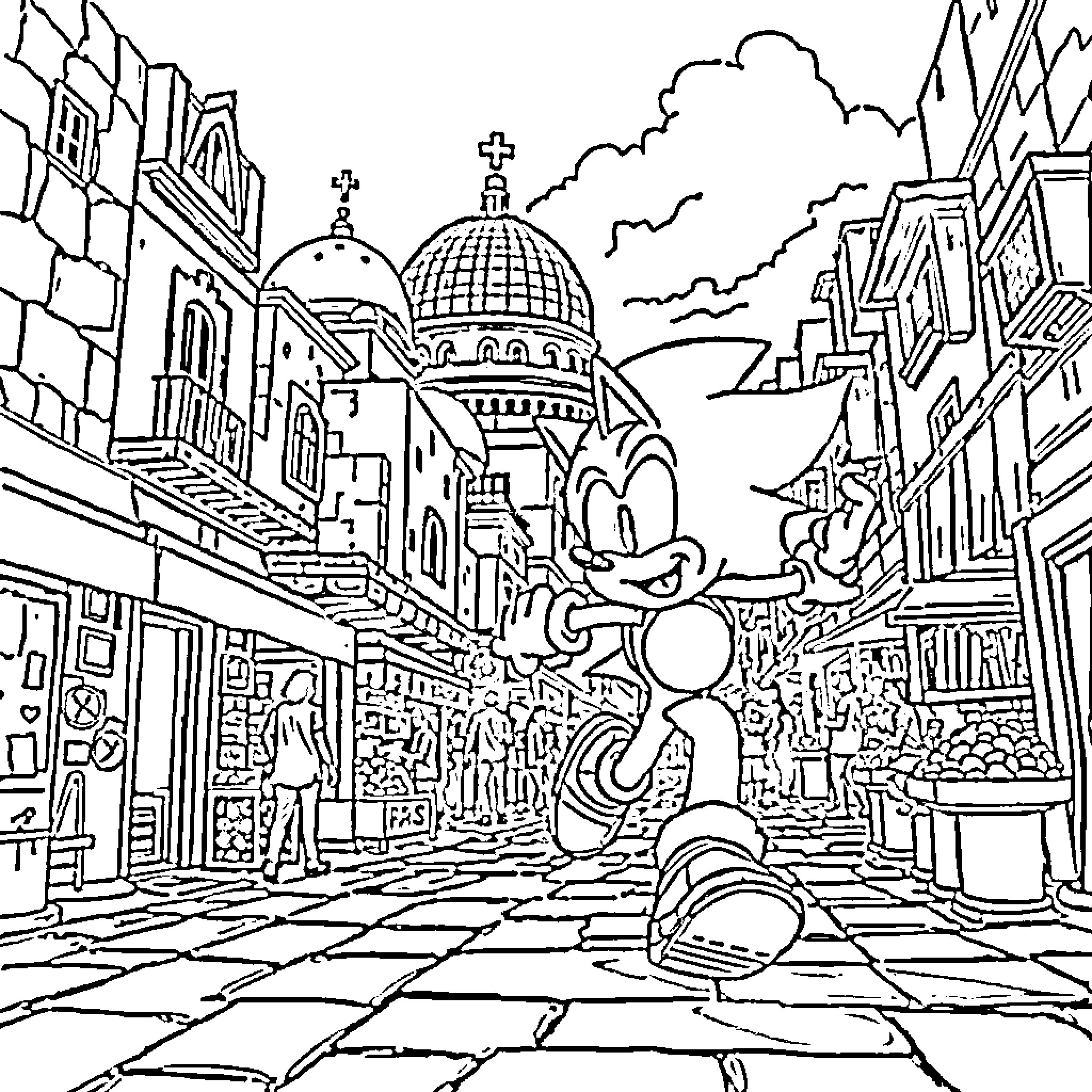 Sonic exploring the bustling city streets Coloring Page (free black-and-white line drawing printable PDF for all, from beginners to advanced learners, including children, teens, adults, and seniors)