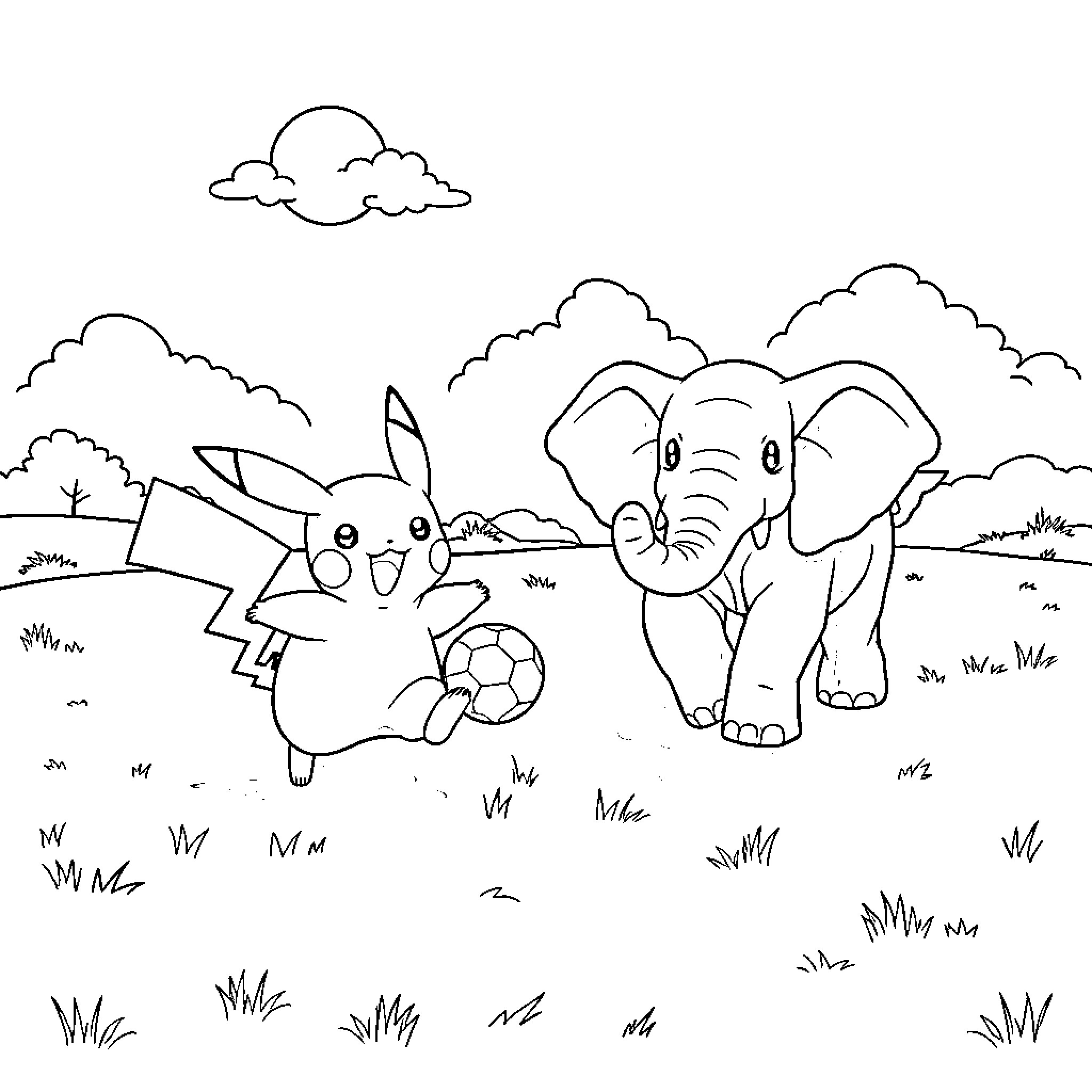 Pikachu and Elephant playing together in the park Coloring Page (free black-and-white line drawing printable PDF for all, from beginners to advanced learners, including children, teens, adults, and seniors)