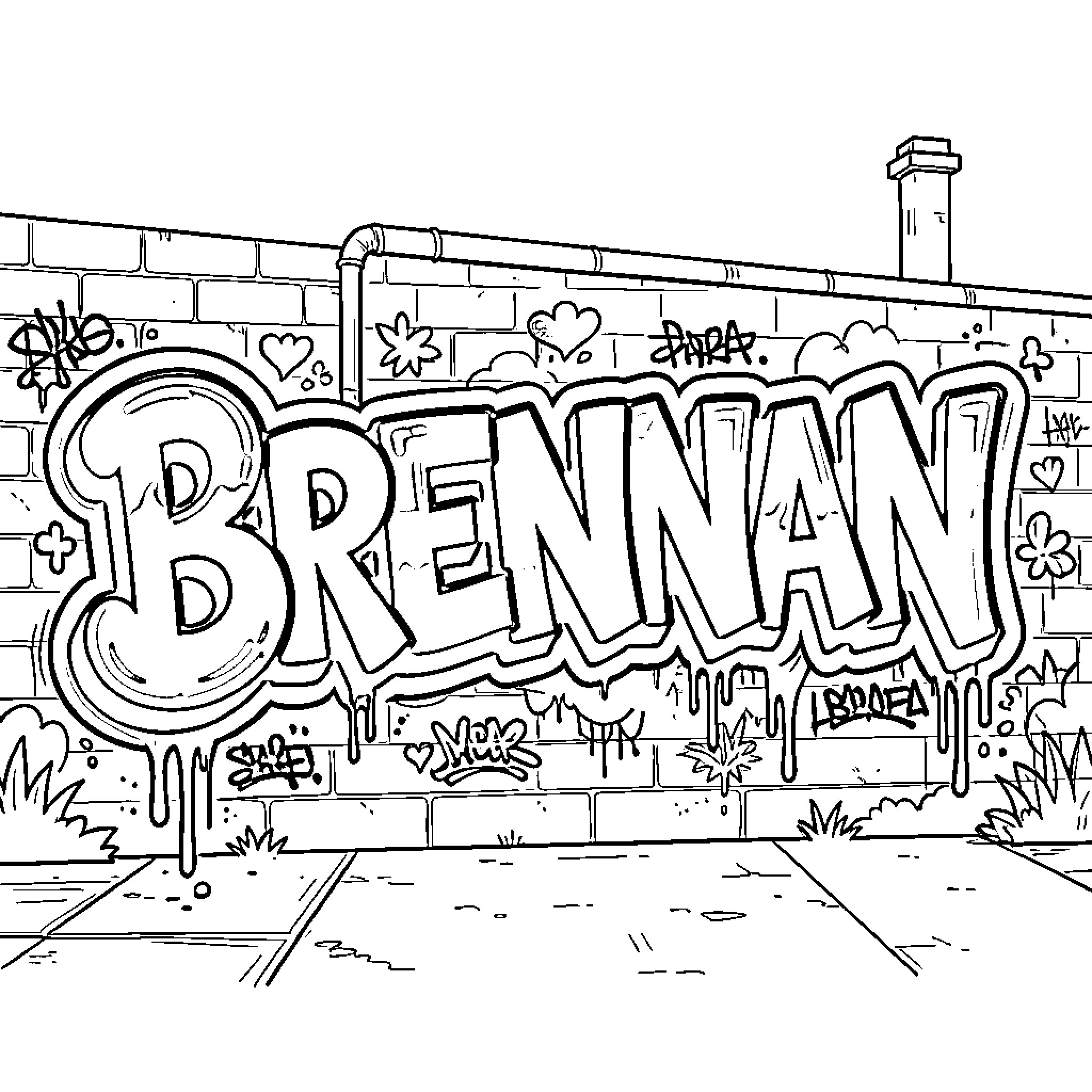 Brennan's Graffiti-Covered Wall Scene Coloring Page (free black-and-white line drawing printable PDF for all, from beginners to advanced learners, including children, teens, adults, and seniors)