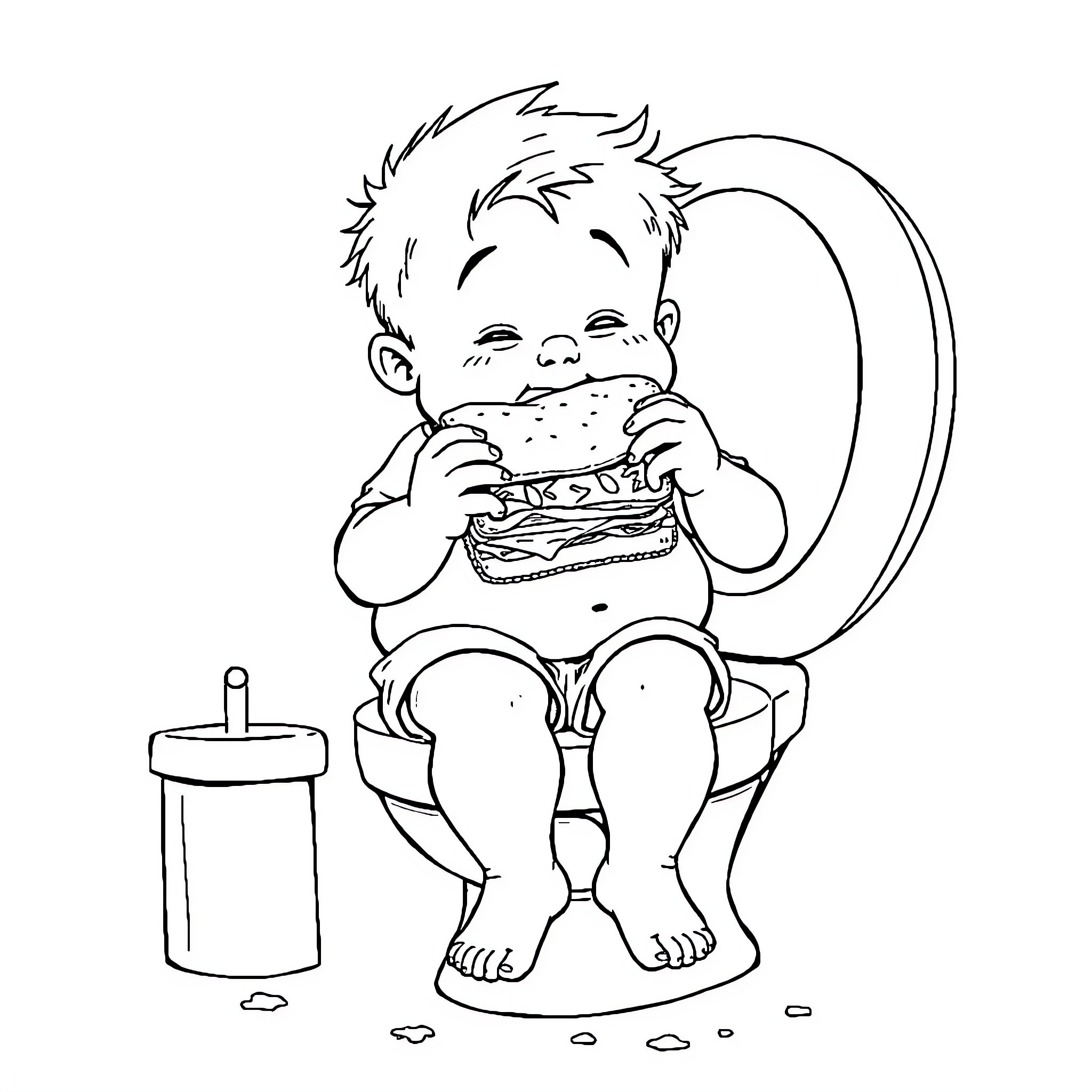 Kid eating a big hamburger on the toilet Coloring Page (free black-and-white line drawing printable PDF for all, from beginners to advanced learners, including children, teens, adults, and seniors)