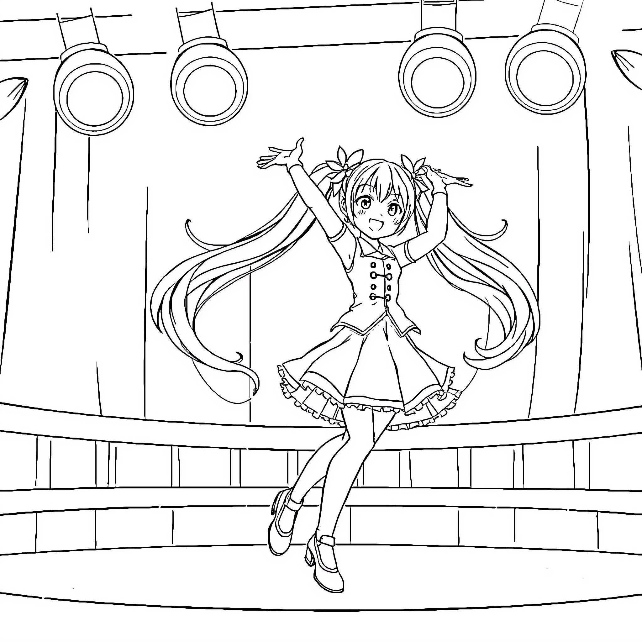 Miku performing on stage with lively gestures Coloring Page (free black-and-white line drawing printable PDF for all, from beginners to advanced learners, including children, teens, adults, and seniors)