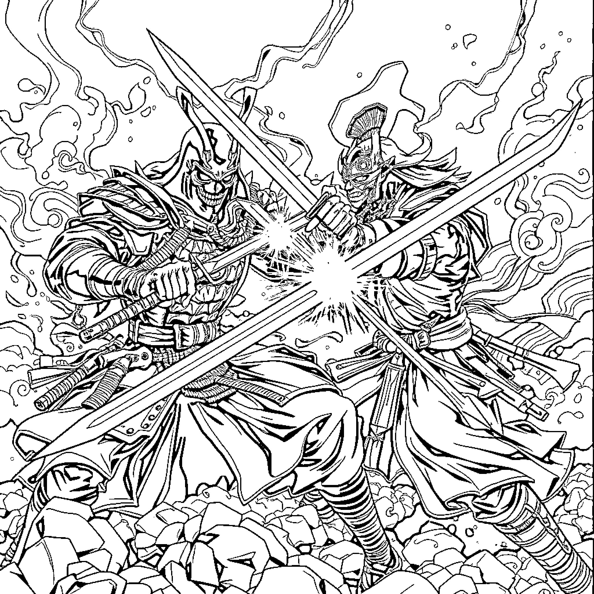 Death Dealer's Fiery Clash of Swords and Sorcery Coloring Page (free black-and-white line drawing printable PDF for all, from beginners to advanced learners, including children, teens, adults, and seniors)