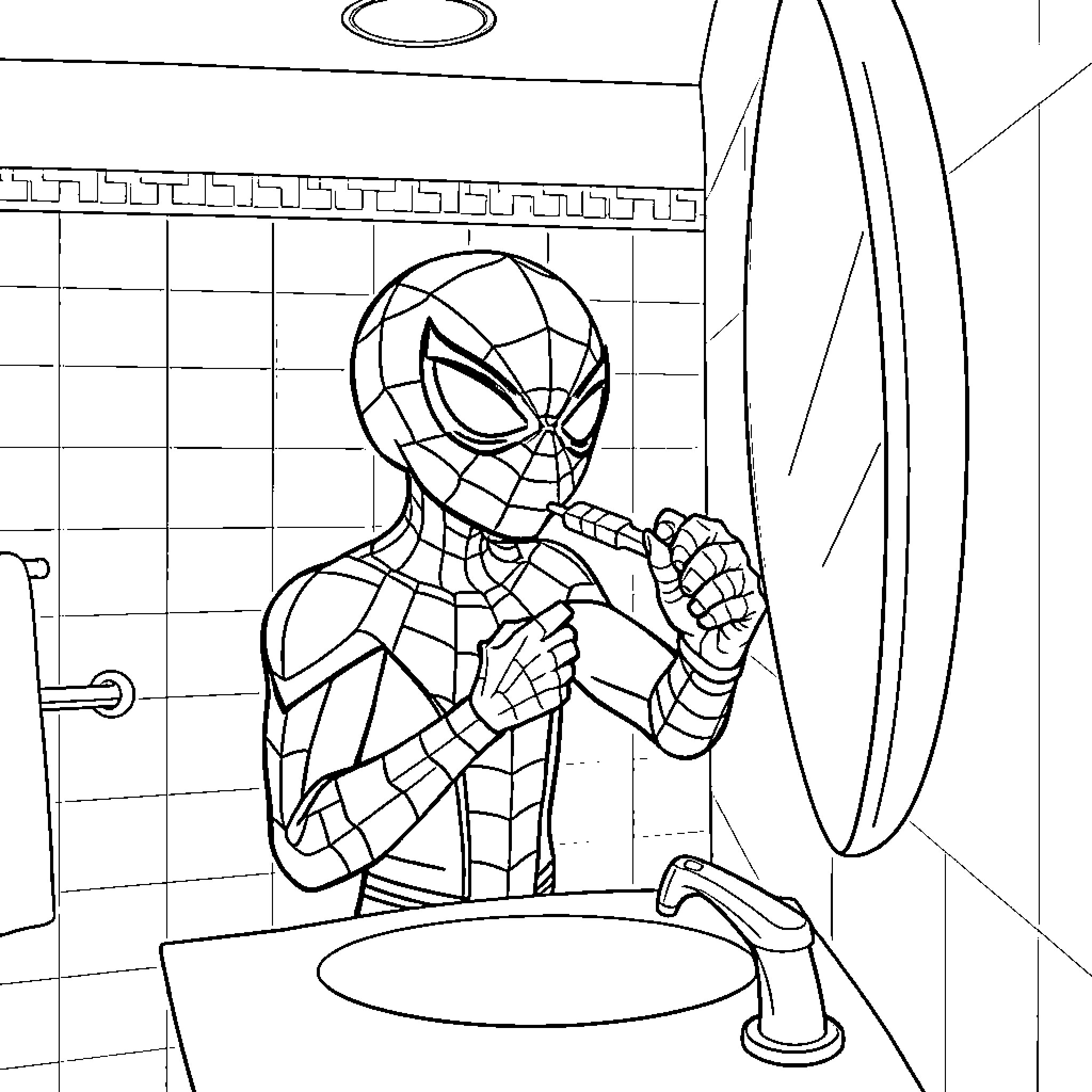 Spider-Man in the Bathroom Taking Selfie Coloring Page (free black-and-white line drawing printable PDF for all, from beginners to advanced learners, including children, teens, adults, and seniors)