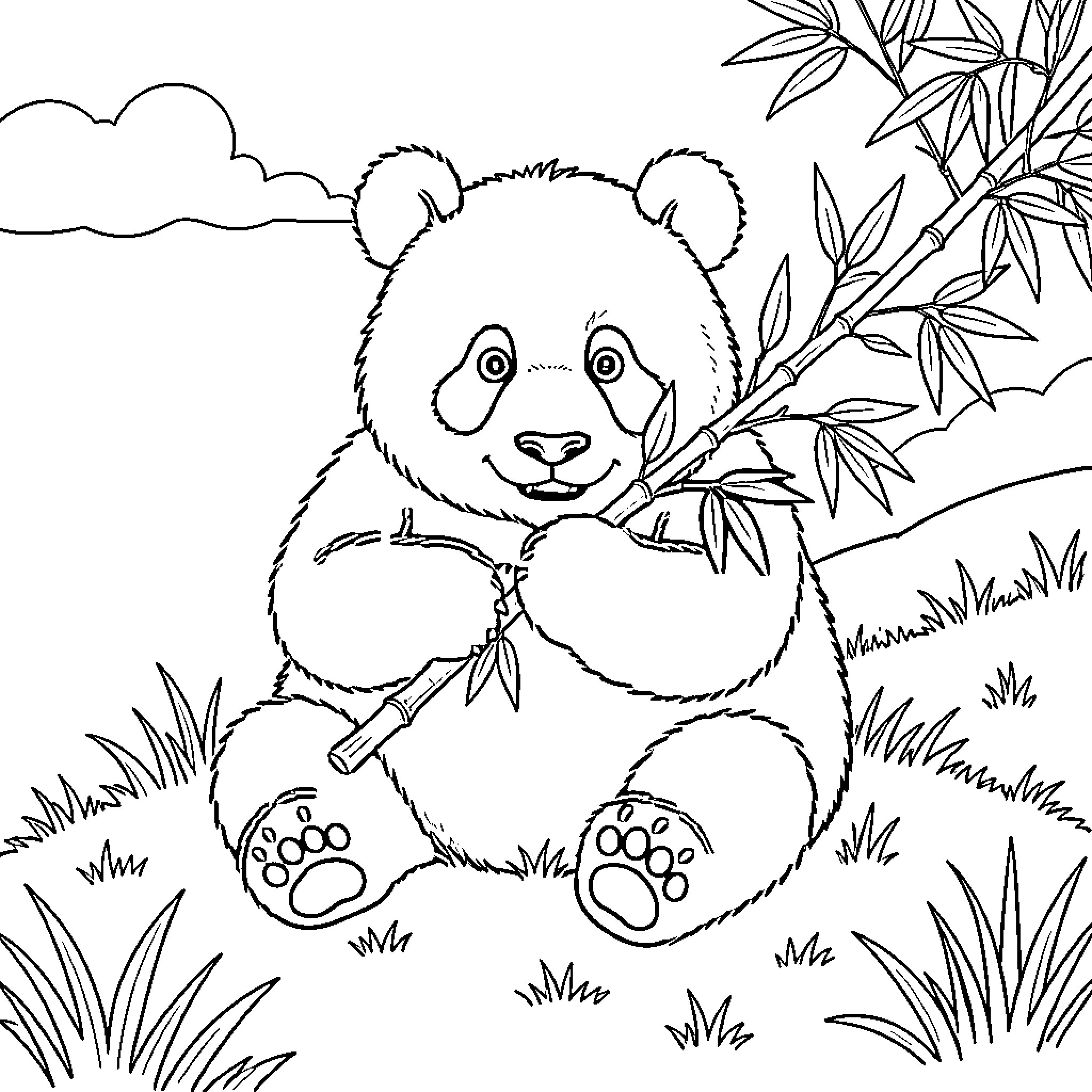 Panda resting peacefully in the bamboo forest Coloring Page (free black-and-white line drawing printable PDF for all, from beginners to advanced learners, including children, teens, adults, and seniors)