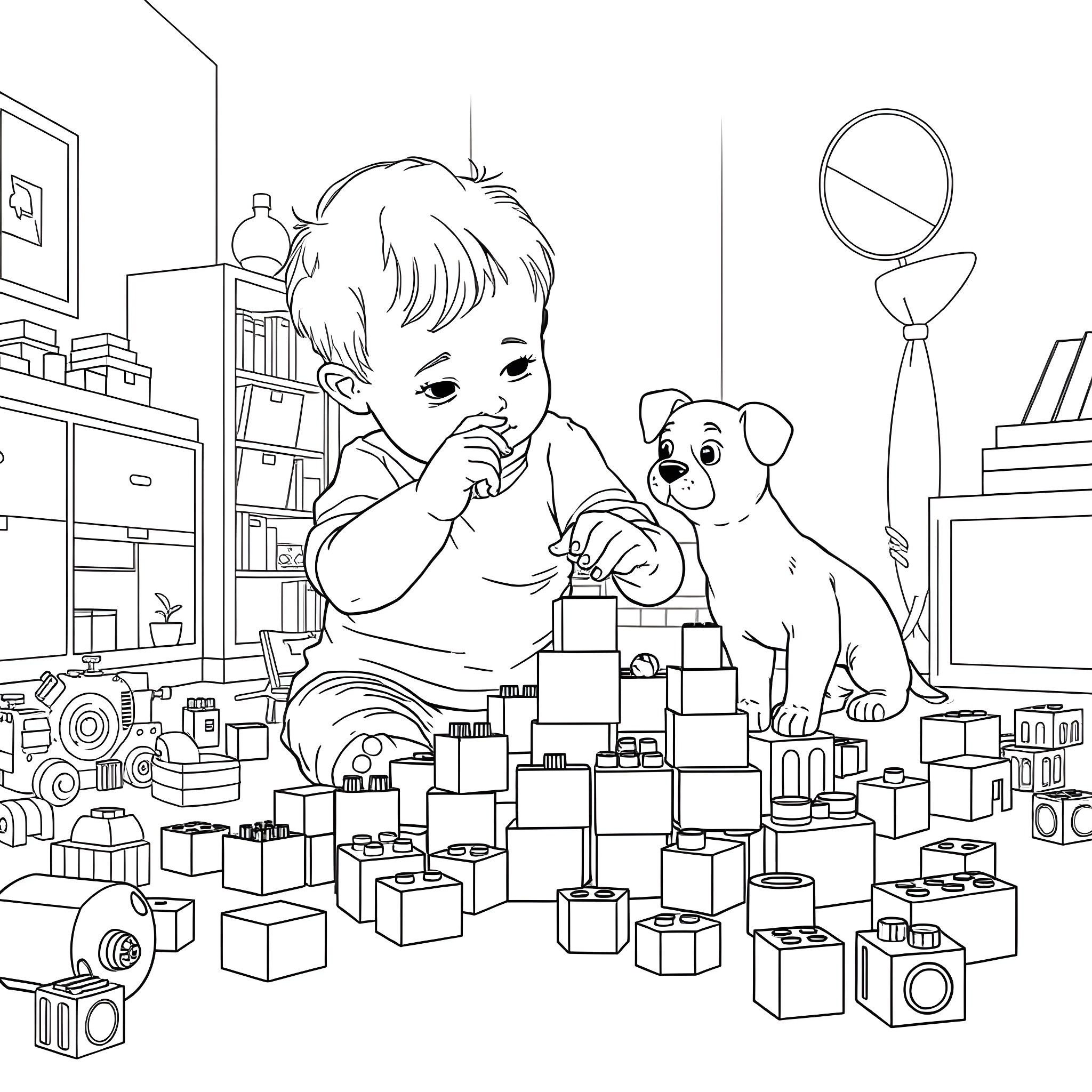 Toddler playing joyfully with toy blocks and puppy Coloring Page (free black-and-white line drawing printable PDF for all, from beginners to advanced learners, including children, teens, adults, and seniors)