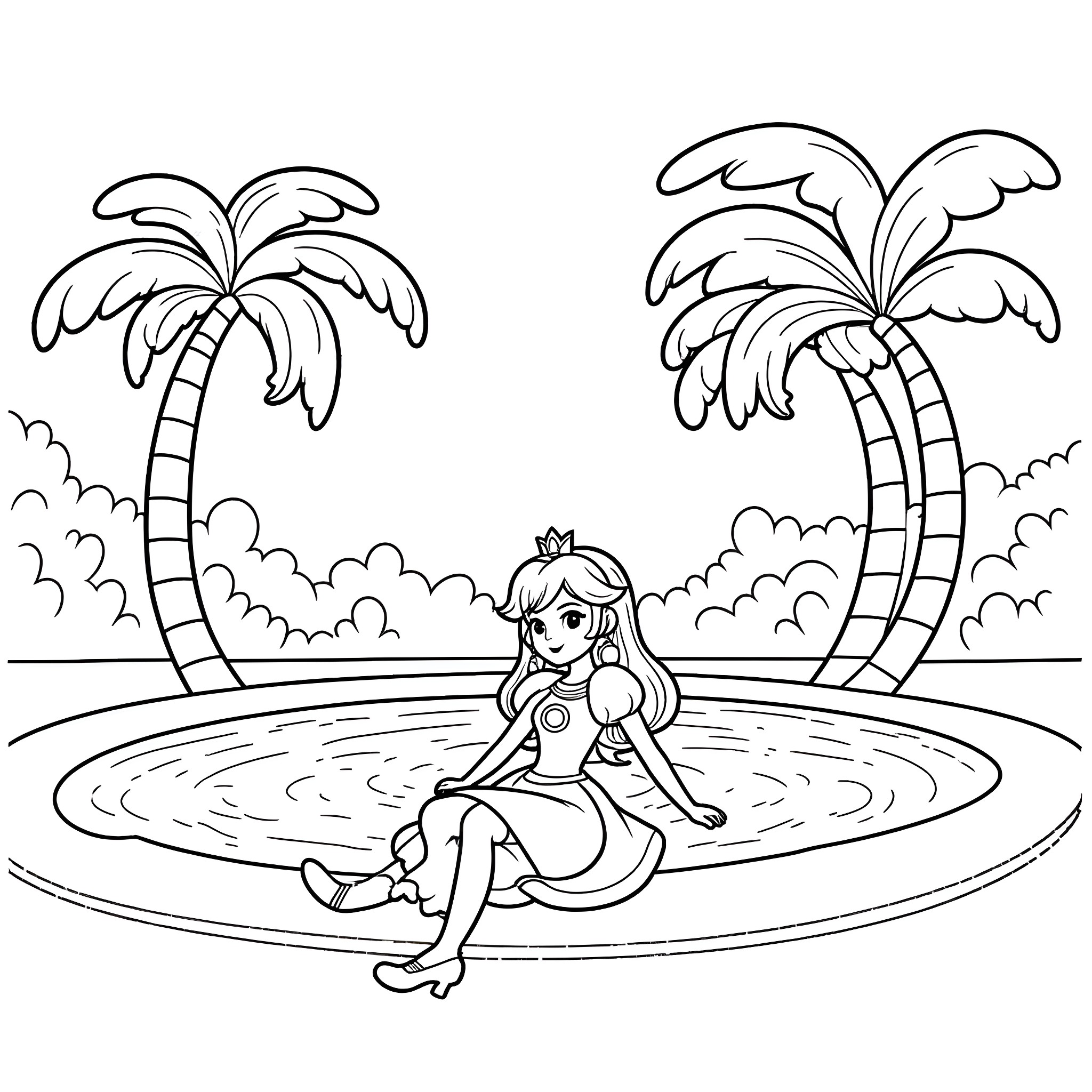 Princess relaxing in a tropical oasis Coloring Page (free black-and-white line drawing printable PDF for all, from beginners to advanced learners, including children, teens, adults, and seniors)