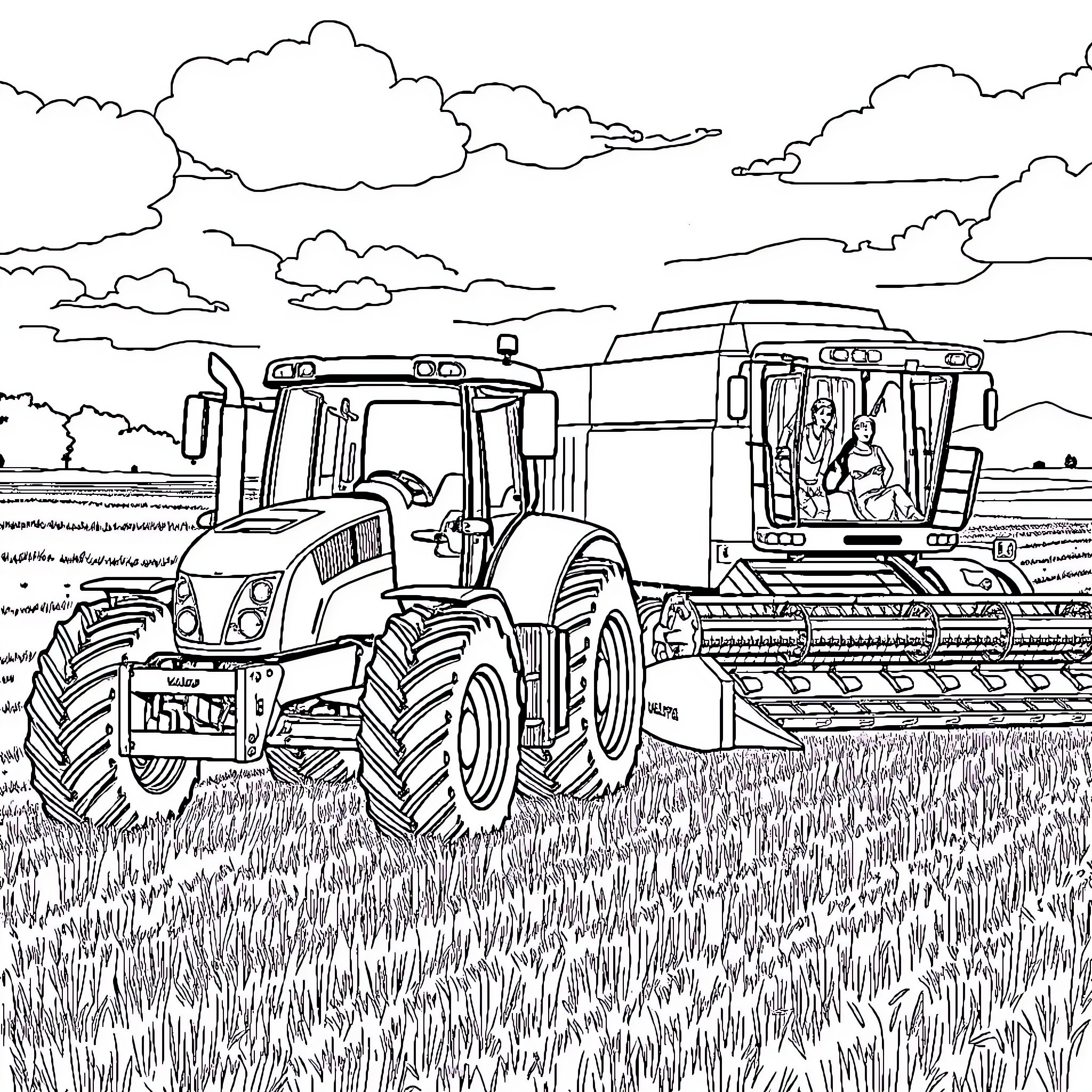 Tractor and Combine Harvester Working in the Field Coloring Page (free black-and-white line drawing printable PDF for all, from beginners to advanced learners, including children, teens, adults, and seniors)