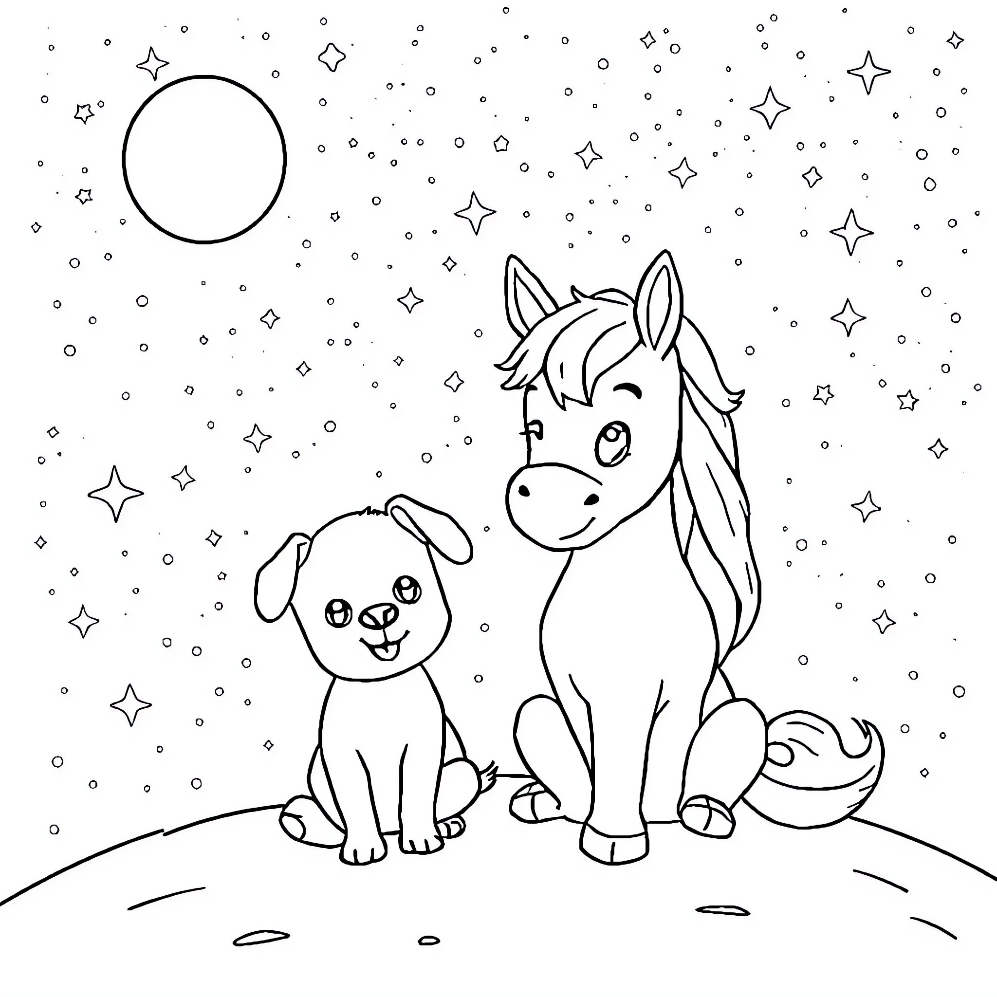 Dog and pony under the starry night Coloring Page (free black-and-white line drawing printable PDF for all, from beginners to advanced learners, including children, teens, adults, and seniors)