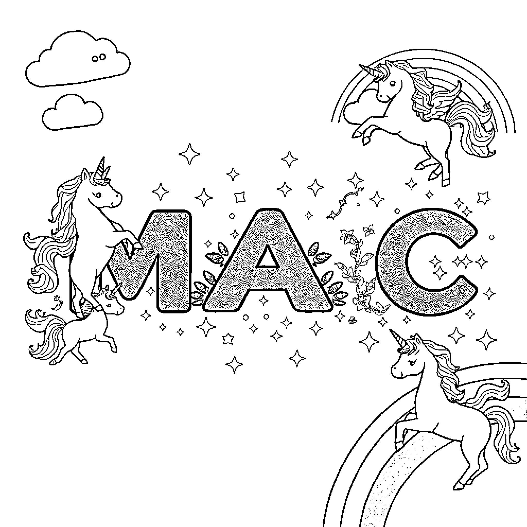 Mac Unicorns playing and exploring magical scene Coloring Page (free black-and-white line drawing printable PDF for all, from beginners to advanced learners, including children, teens, adults, and seniors)