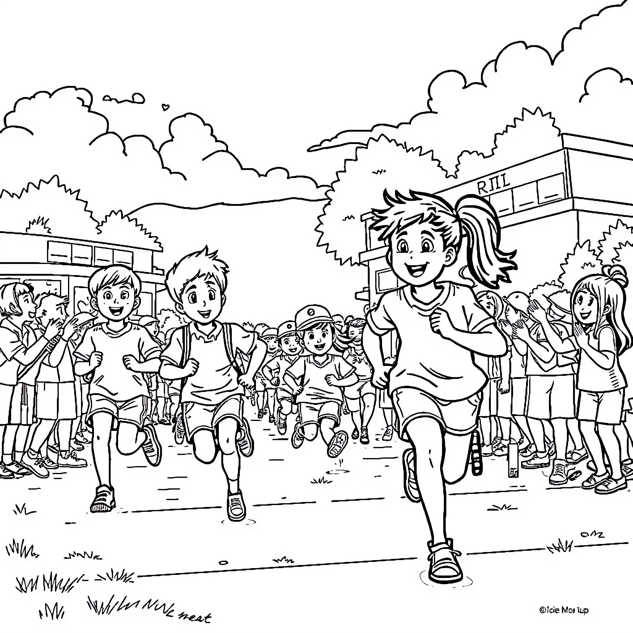 Sports Day with Active Students and Cheering Crowd Coloring Page (free black-and-white line drawing printable PDF for all, from beginners to advanced learners, including children, teens, adults, and seniors)