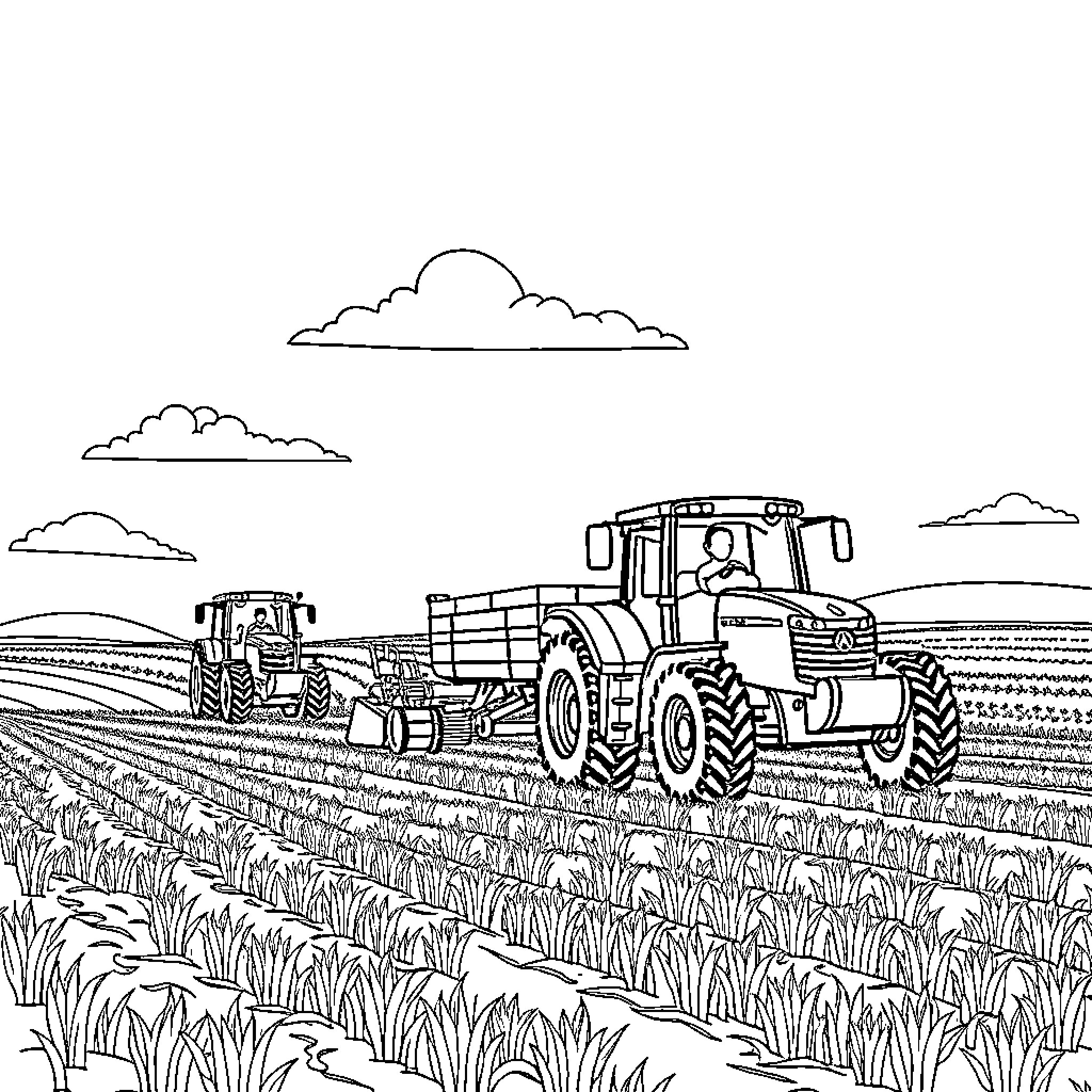 Farming Vehicle Harvesting Crops in the Field Coloring Page (free black-and-white line drawing printable PDF for all, from beginners to advanced learners, including children, teens, adults, and seniors)