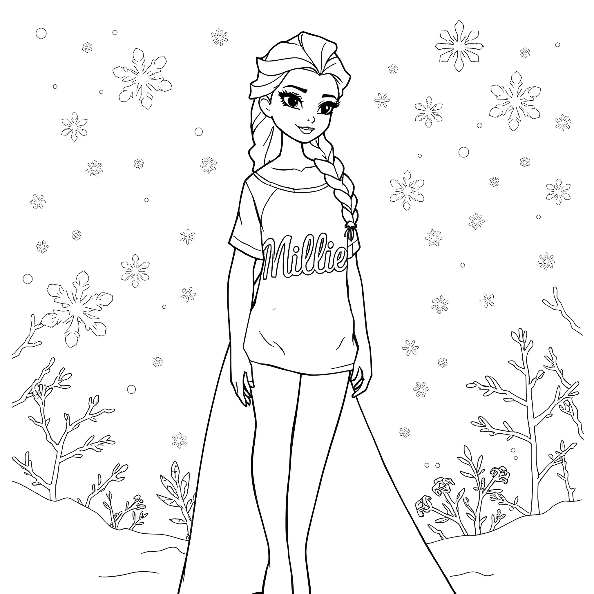 Elsa in Millie's shirt surrounded by winter flowers Coloring Page (free black-and-white line drawing printable PDF for all, from beginners to advanced learners, including children, teens, adults, and seniors)