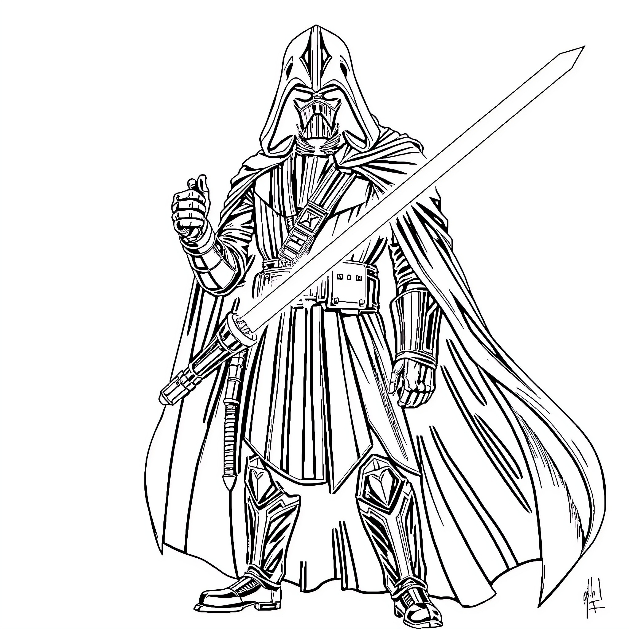 Darth Revan, Dark Lord of the Sith, wielding lightsaber Coloring Page (free black-and-white line drawing printable PDF for all, from beginners to advanced learners, including children, teens, adults, and seniors)
