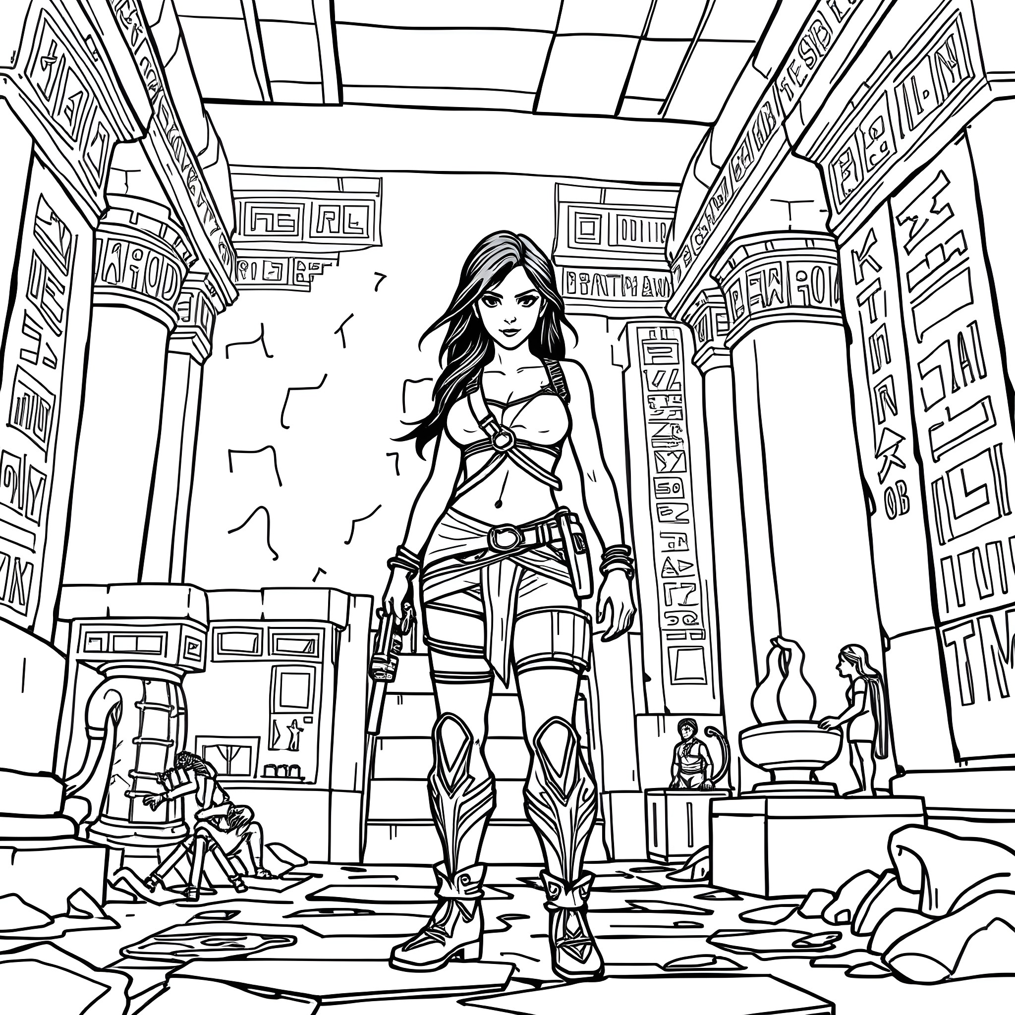 Lara Croft's Adventure in Ancient Ruins Coloring Page (free black-and-white line drawing printable PDF for all, from beginners to advanced learners, including children, teens, adults, and seniors)