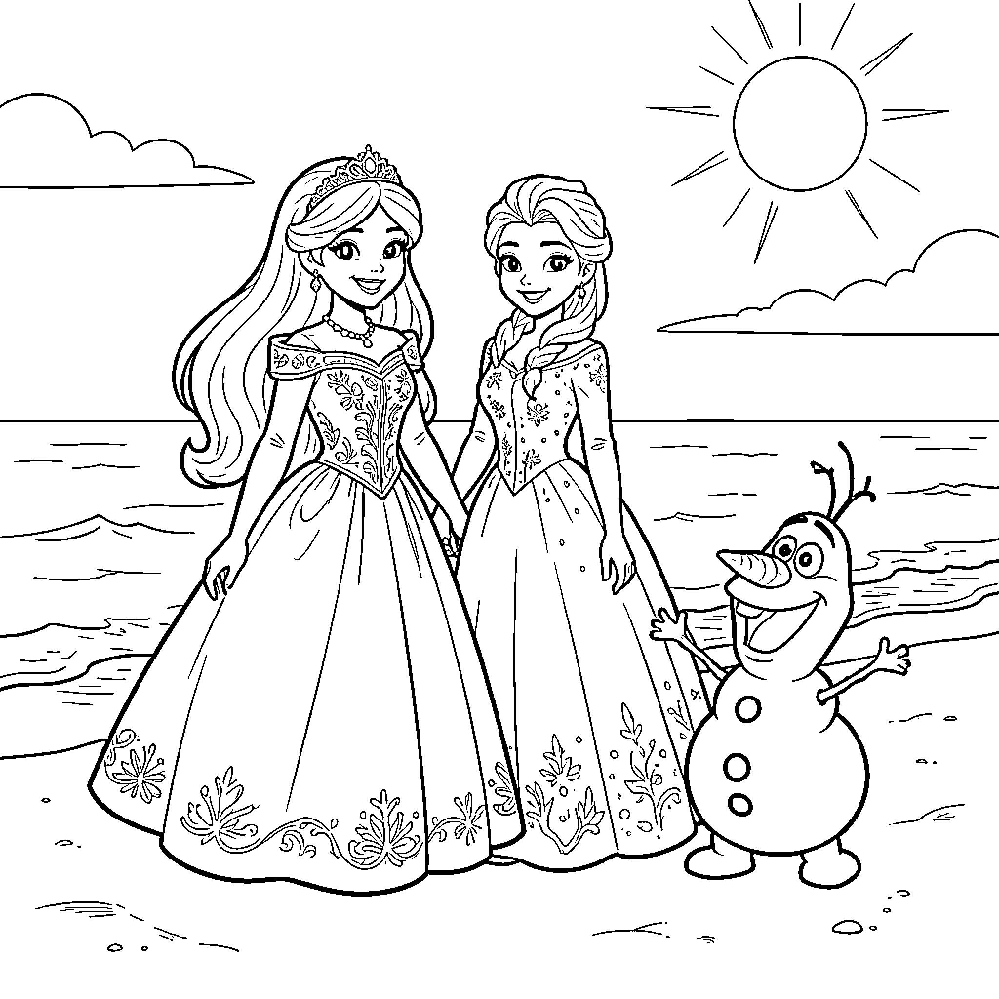 Princesses Enjoying a Sunny Beach Day Coloring Page (free black-and-white line drawing printable PDF for all, from beginners to advanced learners, including children, teens, adults, and seniors)