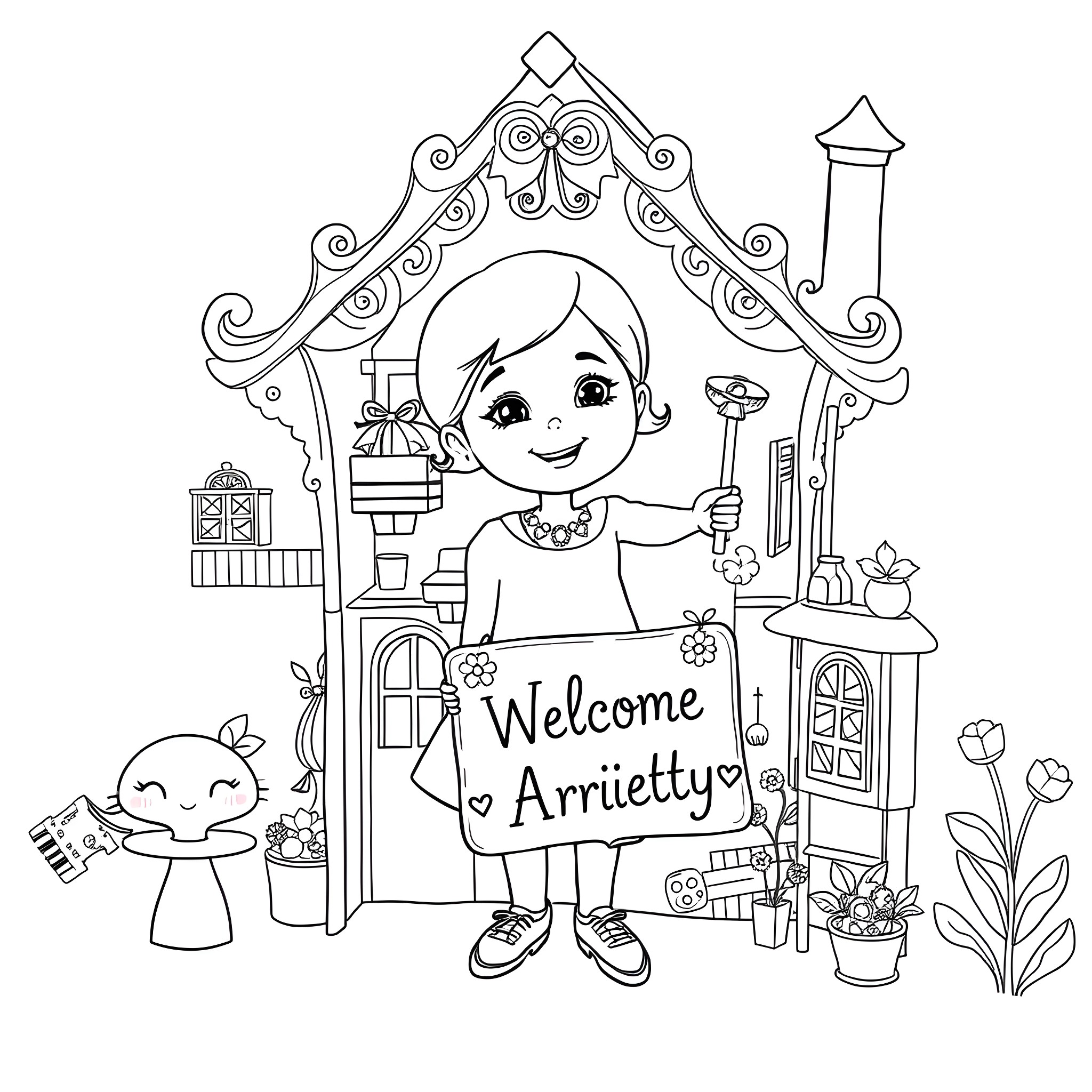 Gabby's Welcome to Arrietty Coloring Page Coloring Page (free black-and-white line drawing printable PDF for all, from beginners to advanced learners, including children, teens, adults, and seniors)