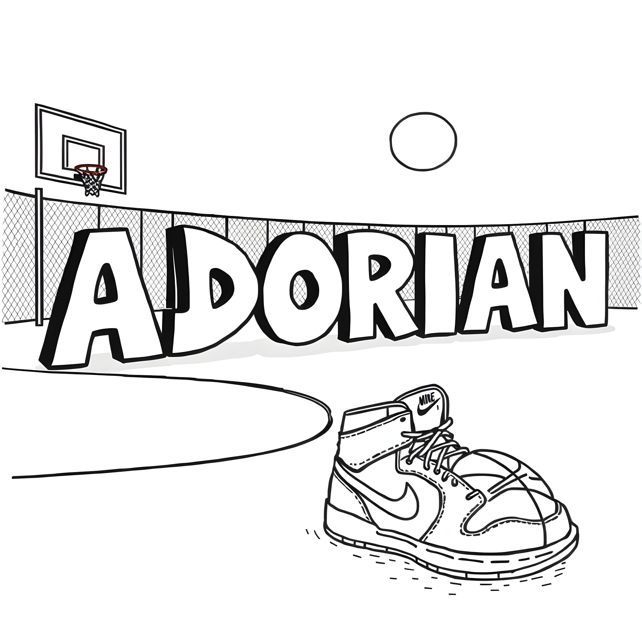 Adorian plays basketball on the court Coloring Page (free black-and-white line drawing printable PDF for all, from beginners to advanced learners, including children, teens, adults, and seniors)