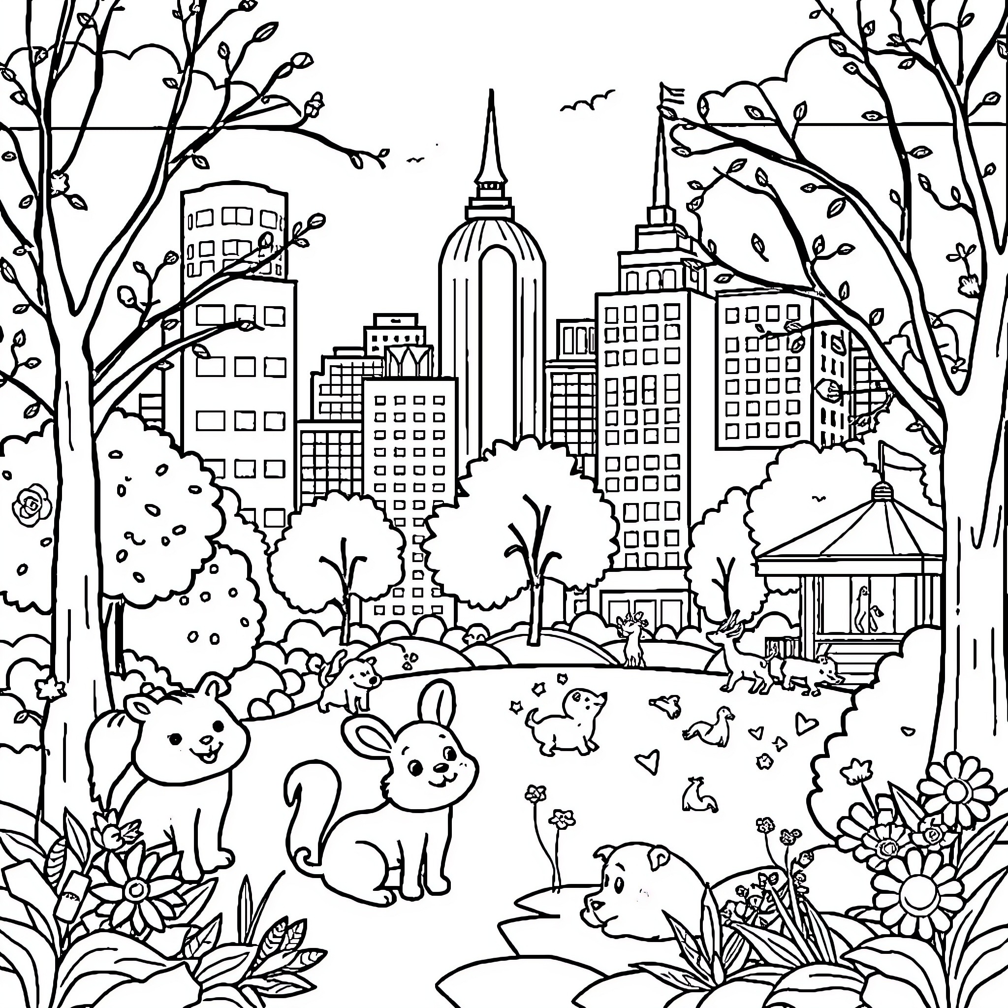 Animal friends exploring the city landscape Coloring Page (free black-and-white line drawing printable PDF for all, from beginners to advanced learners, including children, teens, adults, and seniors)