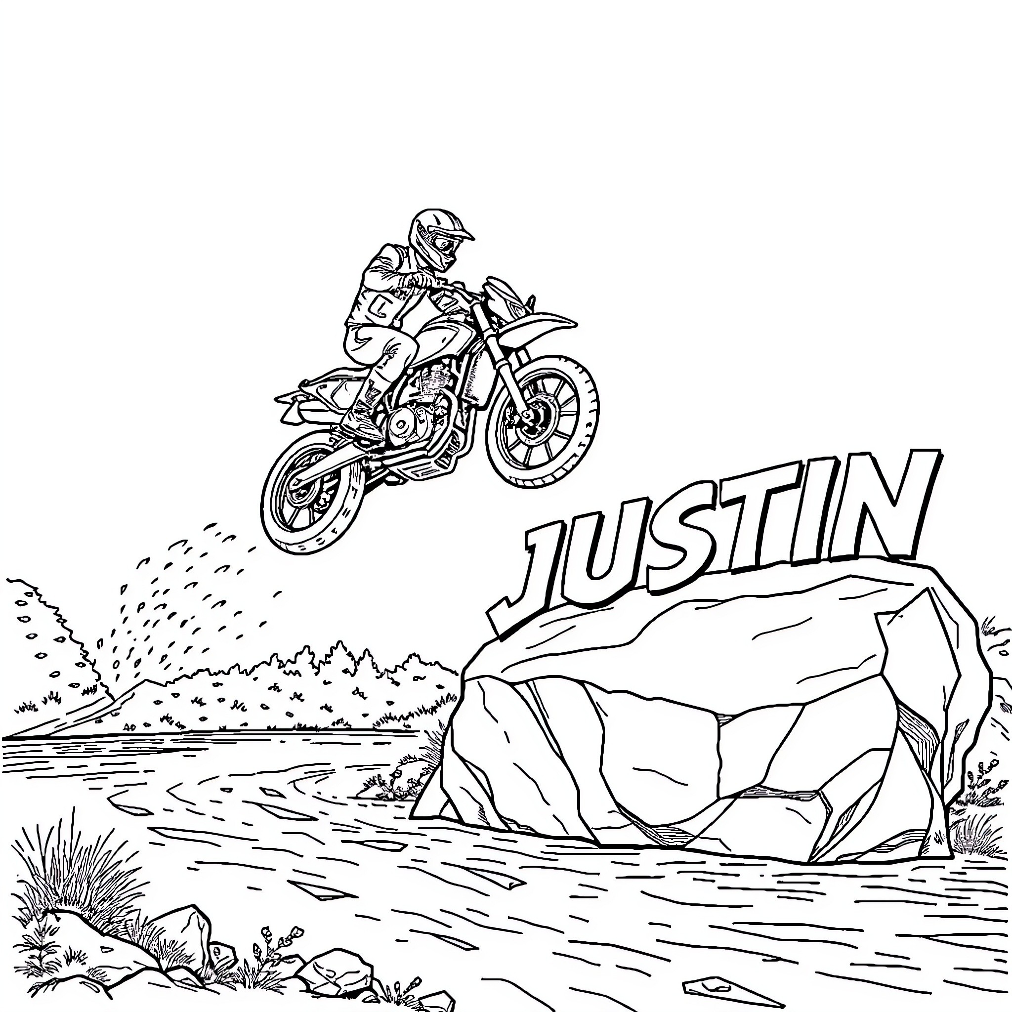 Moto Rider Jumps Over Rocky Terrain Coloring Page (free black-and-white line drawing printable PDF for all, from beginners to advanced learners, including children, teens, adults, and seniors)