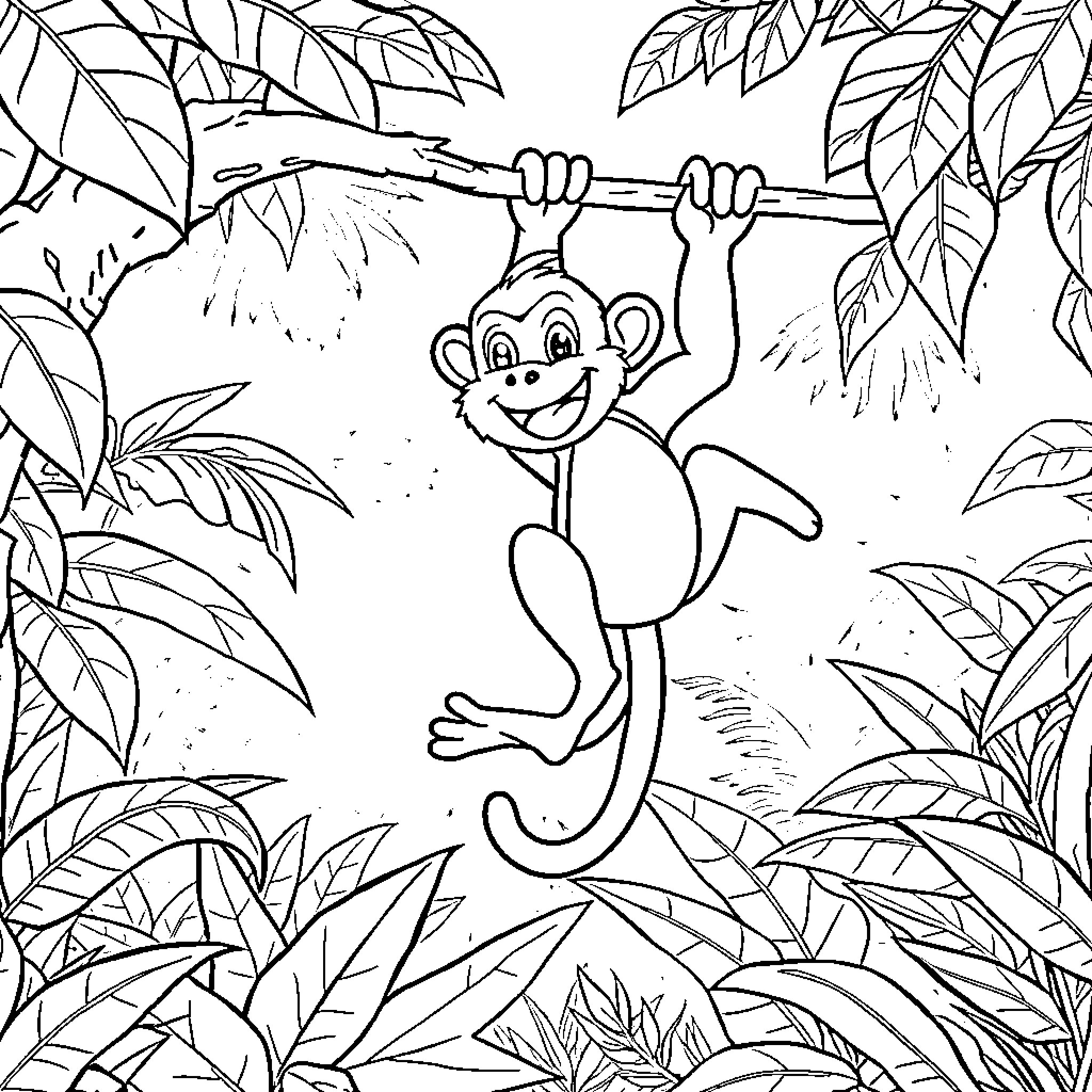 Monkey swinging happily in the jungle Coloring Page (free black-and-white line drawing printable PDF for all, from beginners to advanced learners, including children, teens, adults, and seniors)
