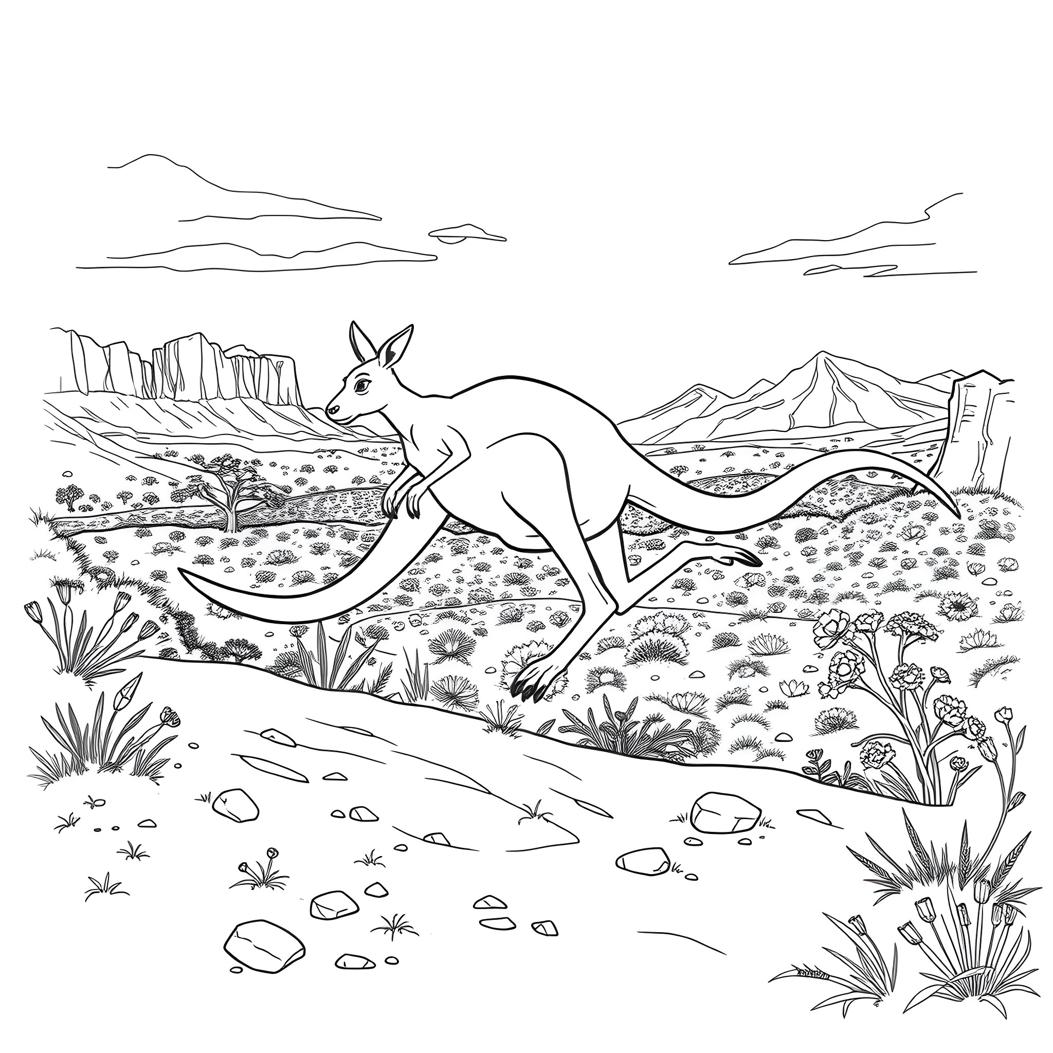 Kangaroo hopping through the Australian outback landscape Coloring Page (free black-and-white line drawing printable PDF for all, from beginners to advanced learners, including children, teens, adults, and seniors)