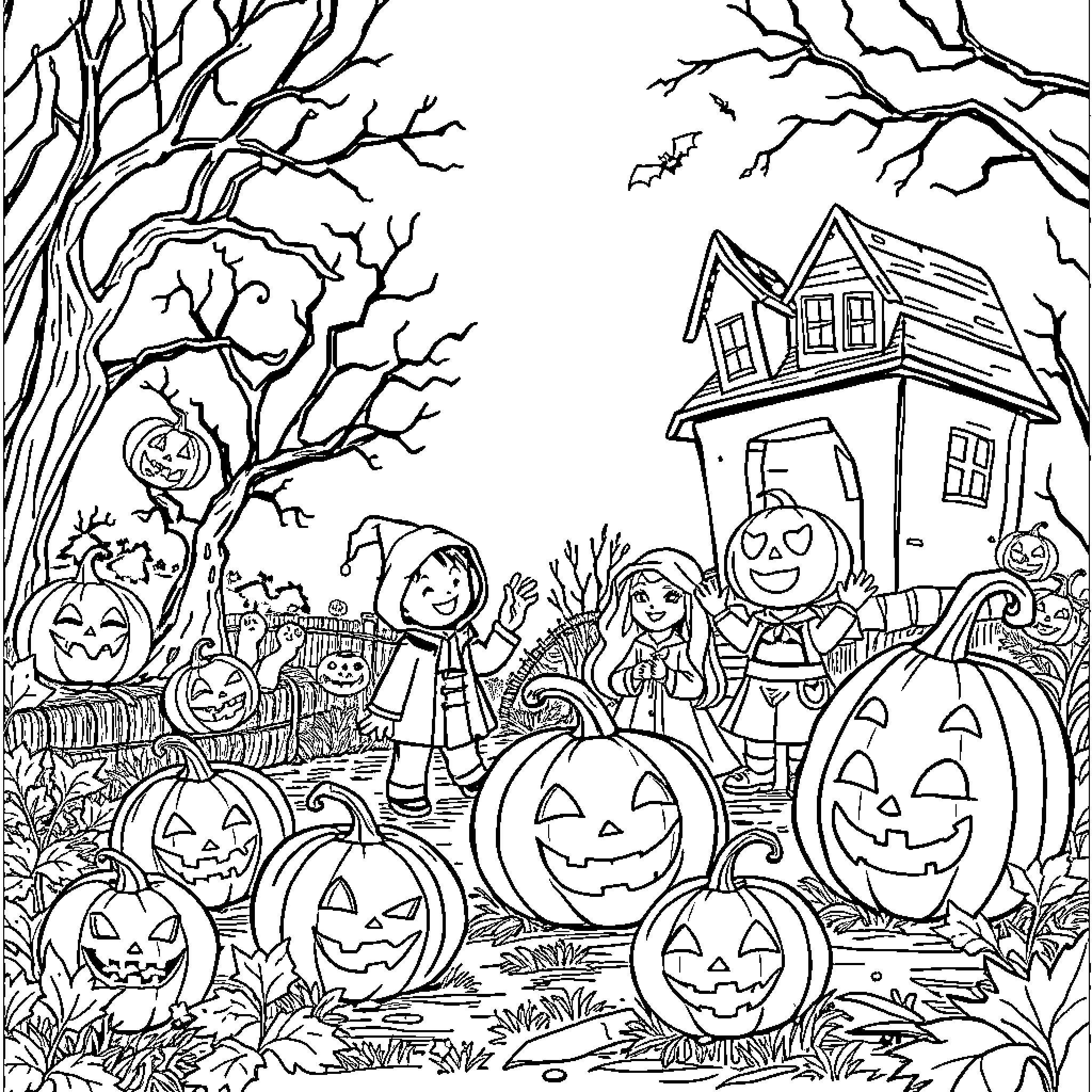 Halloween Trick-or-Treaters Explore Haunted Landscape Coloring Page (free black-and-white line drawing printable PDF for all, from beginners to advanced learners, including children, teens, adults, and seniors)