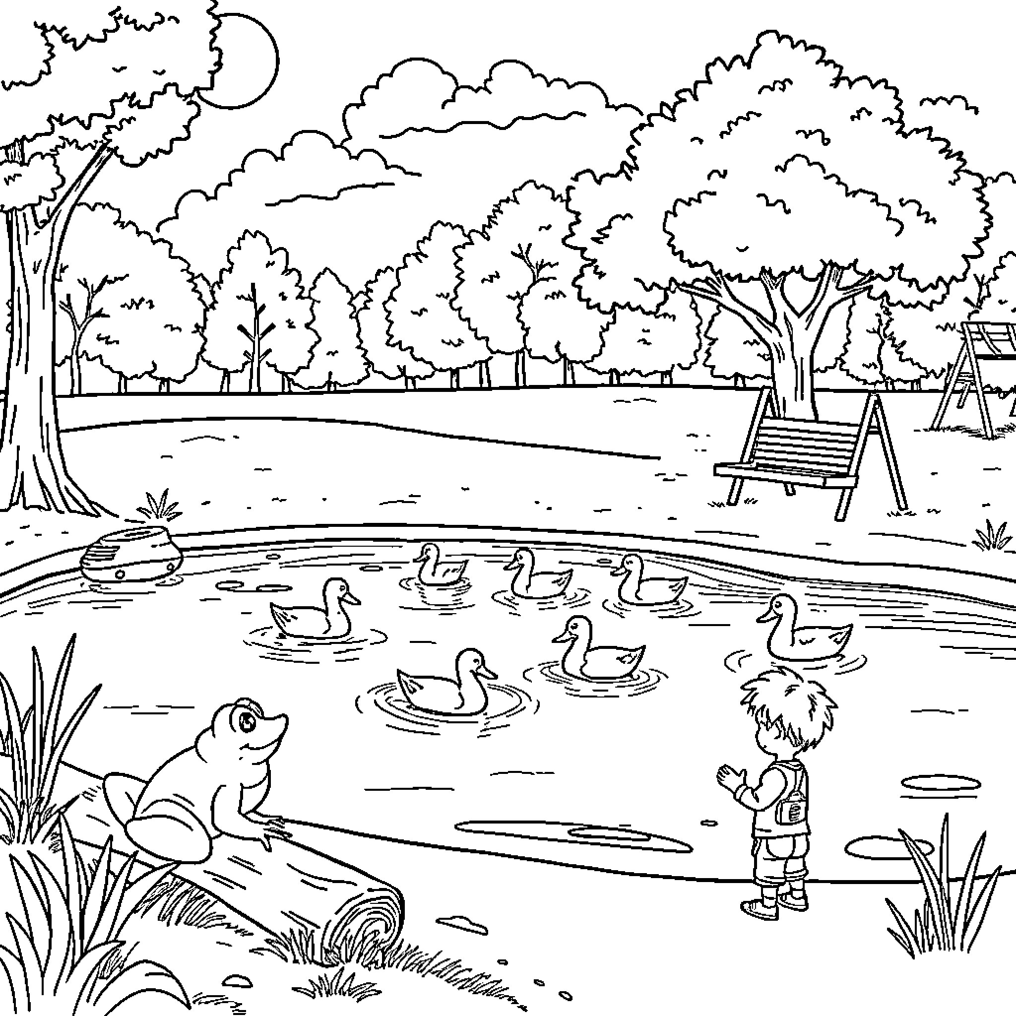Park scene with ducks, frog, and child Coloring Page (free black-and-white line drawing printable PDF for all, from beginners to advanced learners, including children, teens, adults, and seniors)