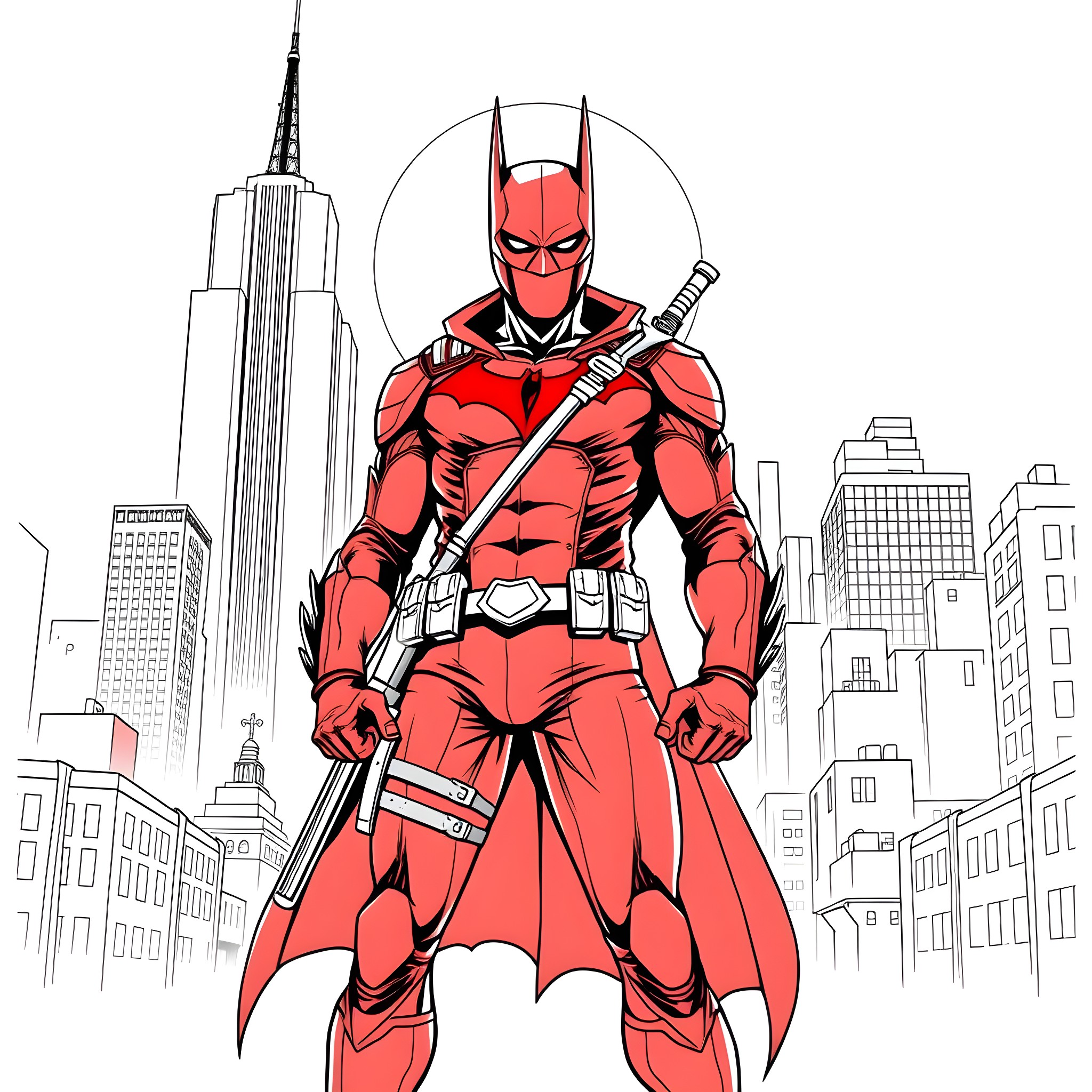 Red Hood Heroic Warrior in the City Coloring Page (free black-and-white line drawing printable PDF for all, from beginners to advanced learners, including children, teens, adults, and seniors)