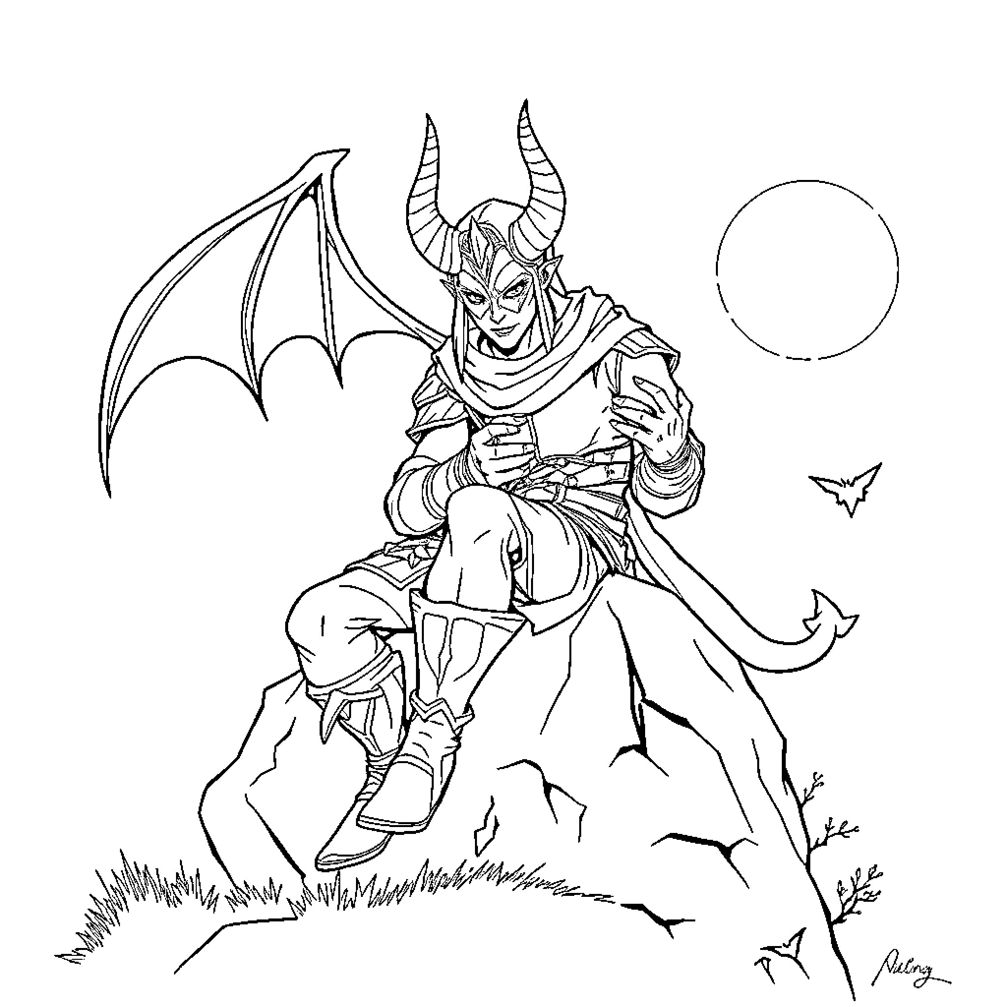 Demon Hunter Wielding a Sword on a Mountainous Landscape Coloring Page (free black-and-white line drawing printable PDF for all, from beginners to advanced learners, including children, teens, adults, and seniors)