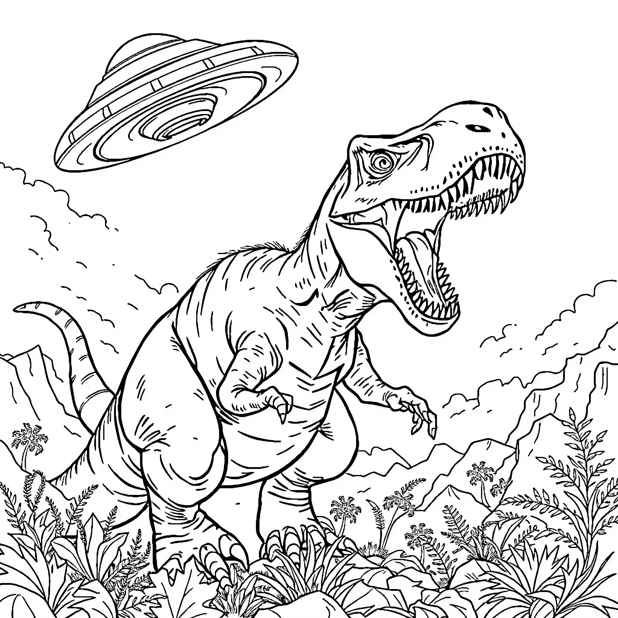Dinosaur encounters alien spacecraft in prehistoric landscape Coloring Page (free black-and-white line drawing printable PDF for all, from beginners to advanced learners, including children, teens, adults, and seniors)