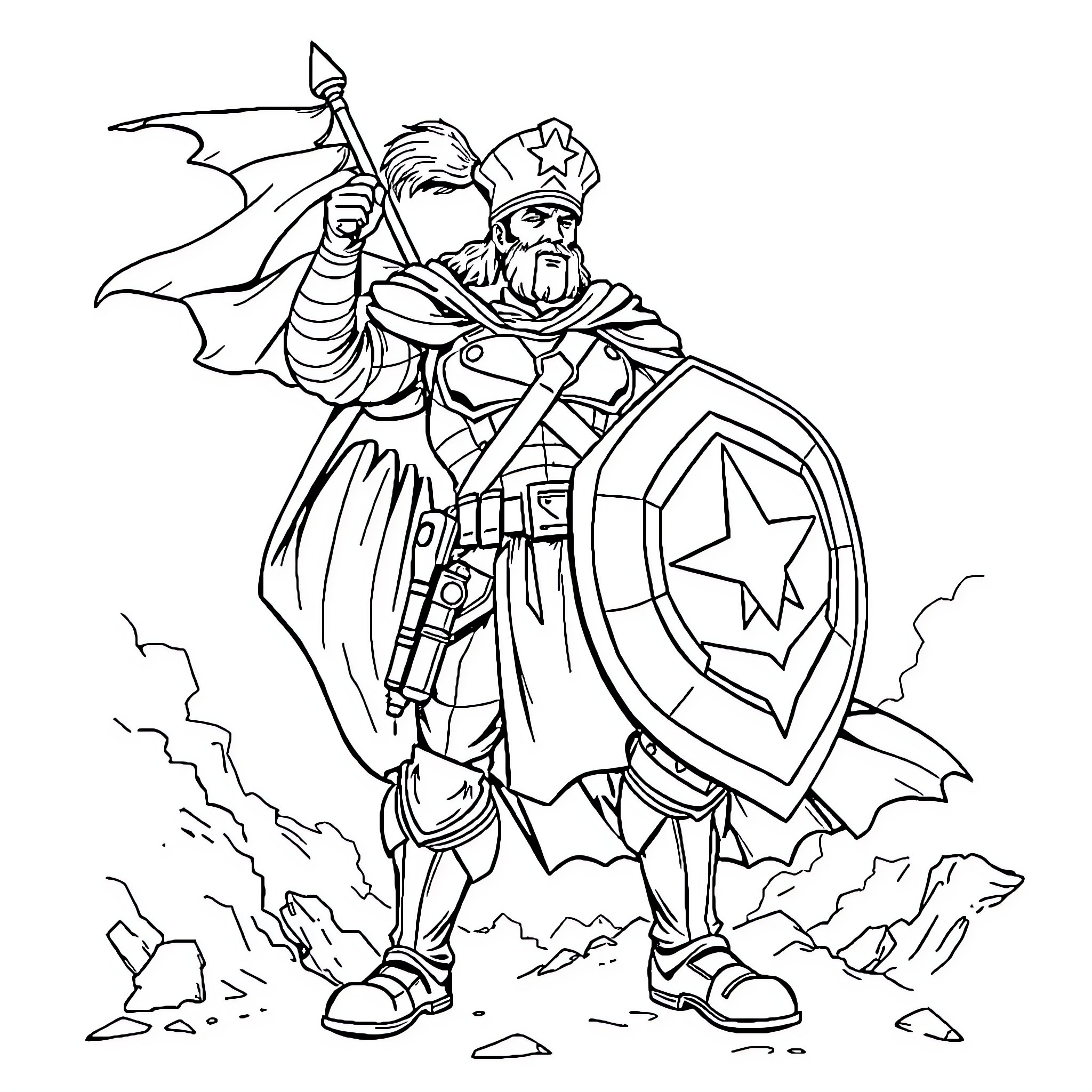 Captain America Heroic Warrior in Charged Battle Coloring Page (free black-and-white line drawing printable PDF for all, from beginners to advanced learners, including children, teens, adults, and seniors)