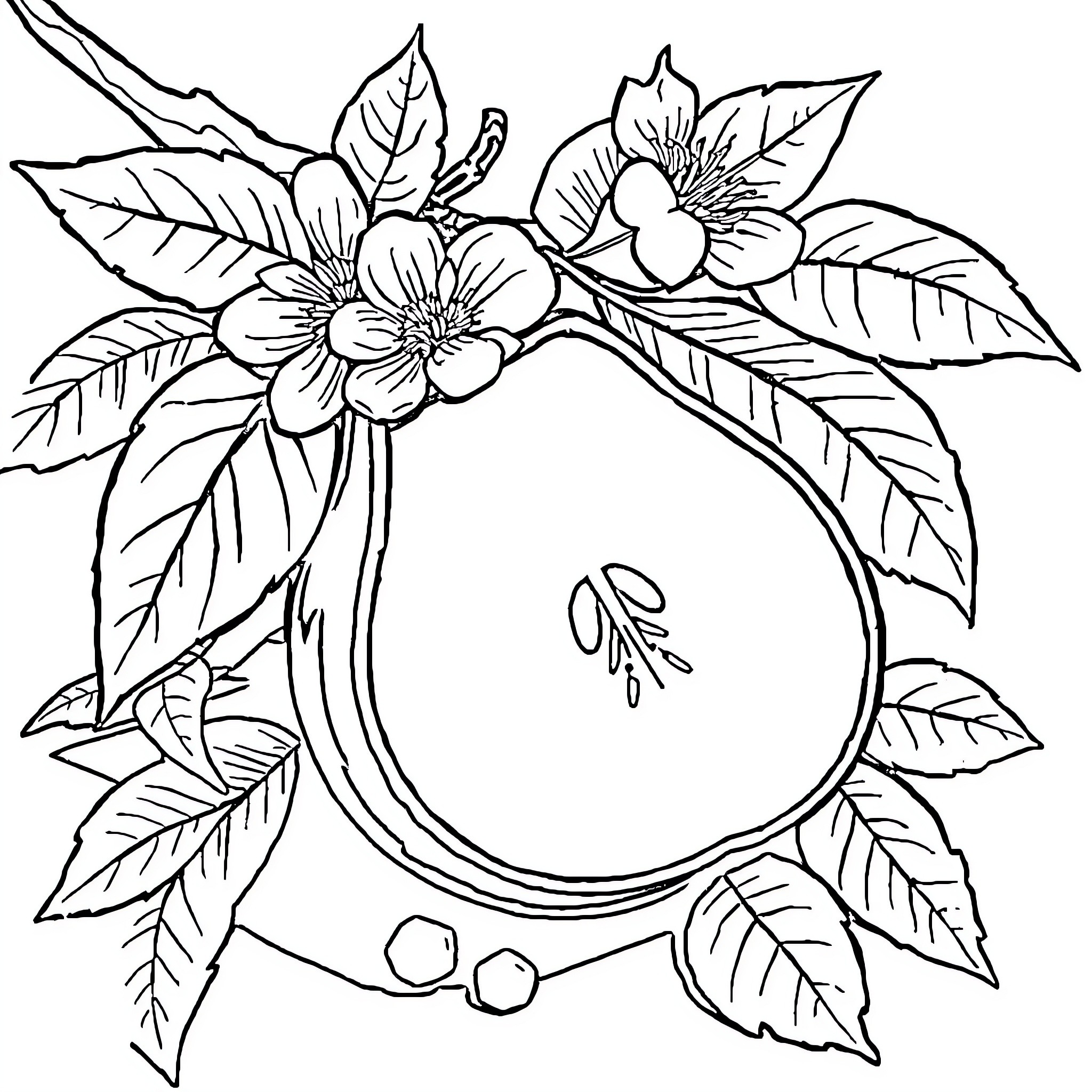 Fruit Wreath with Blooming Flowers Coloring Page (free black-and-white line drawing printable PDF for all, from beginners to advanced learners, including children, teens, adults, and seniors)