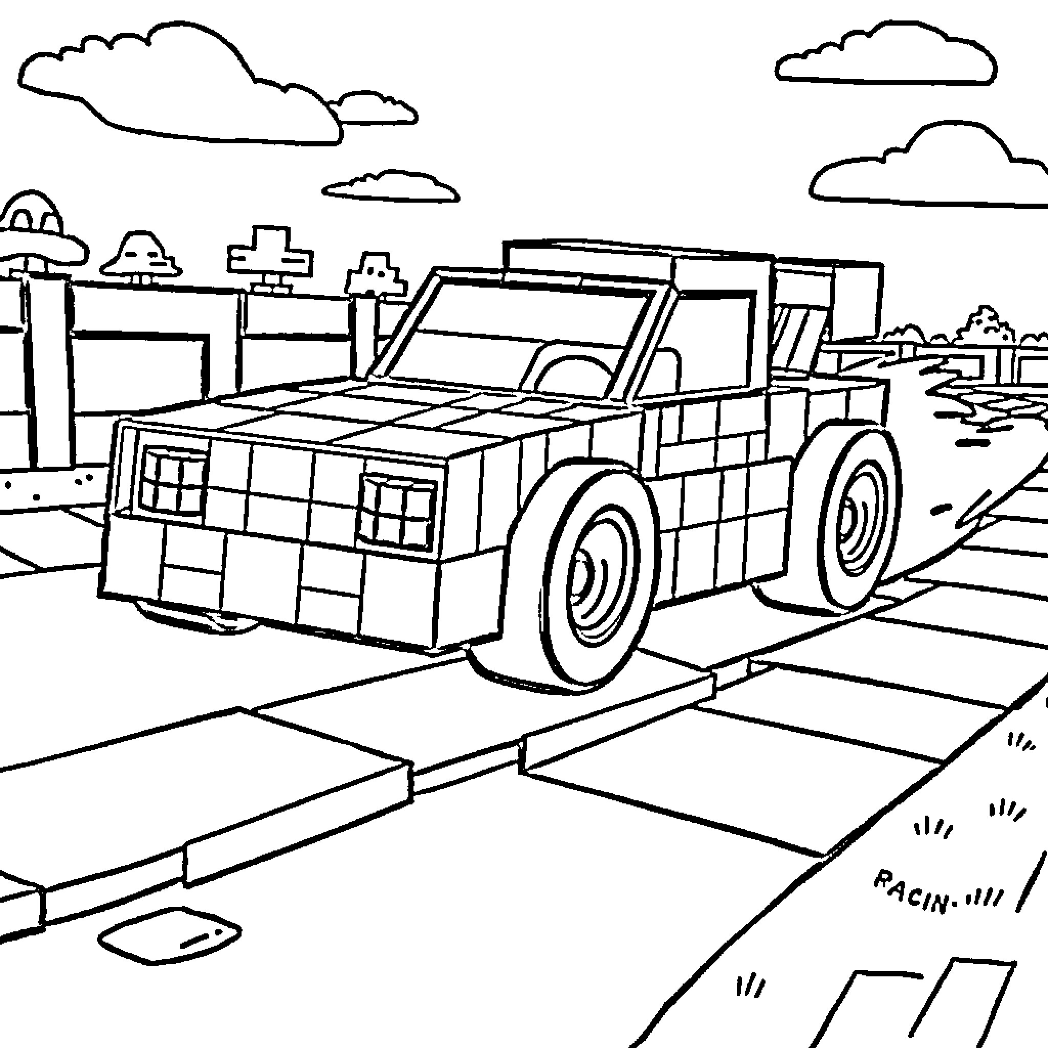 Racing Car on the Track Coloring Page (free black-and-white line drawing printable PDF for all, from beginners to advanced learners, including children, teens, adults, and seniors)