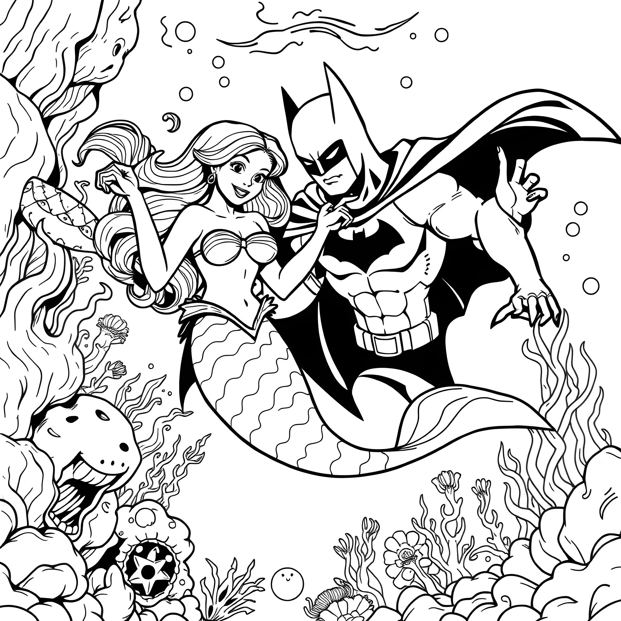 Mermaid and Batman battling underwater creatures Coloring Page (free black-and-white line drawing printable PDF for all, from beginners to advanced learners, including children, teens, adults, and seniors)