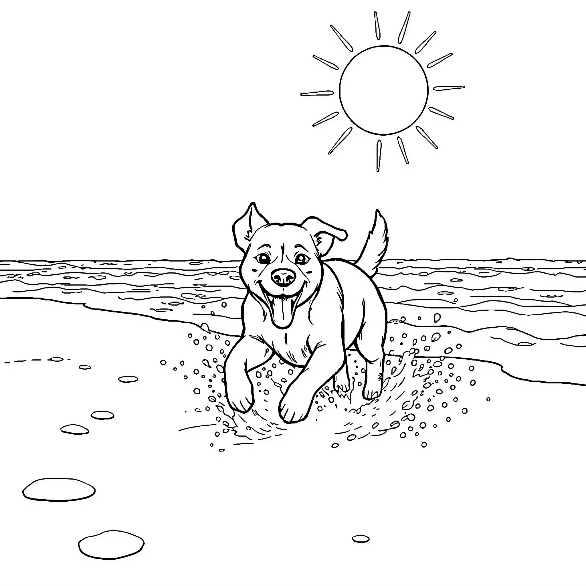 Dog playing joyfully on the beach Coloring Page (free black-and-white line drawing printable PDF for all, from beginners to advanced learners, including children, teens, adults, and seniors)