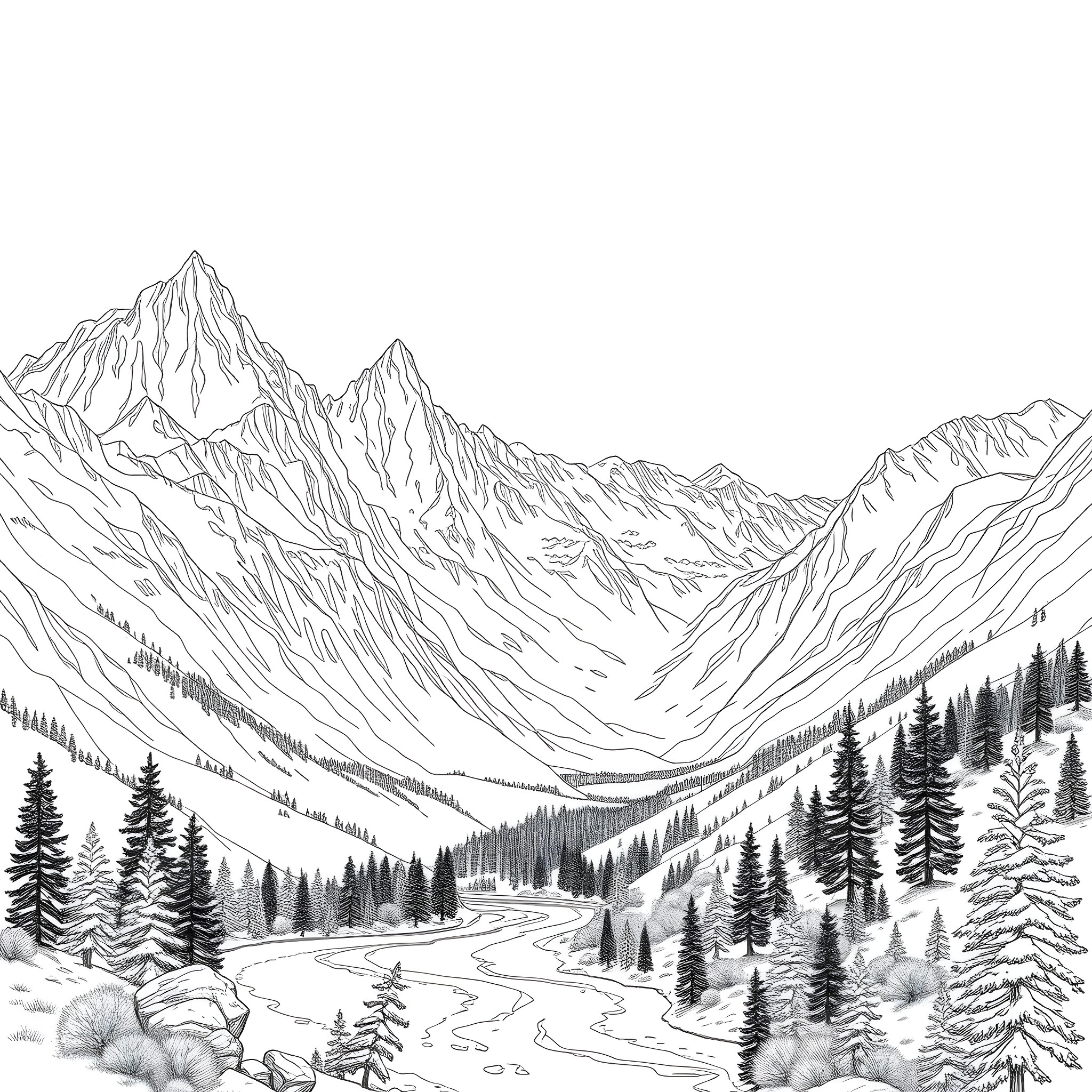 Vastness of the Mountain Landscape Coloring Page (free black-and-white line drawing printable PDF for all, from beginners to advanced learners, including children, teens, adults, and seniors)